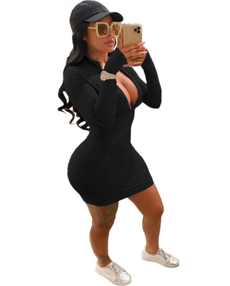 2023 Vestito a tubino da donna Solid Bodycon Zipper Deep scollo a V manica lunga attillato corto Clubwear Party Slim abbigliamen
