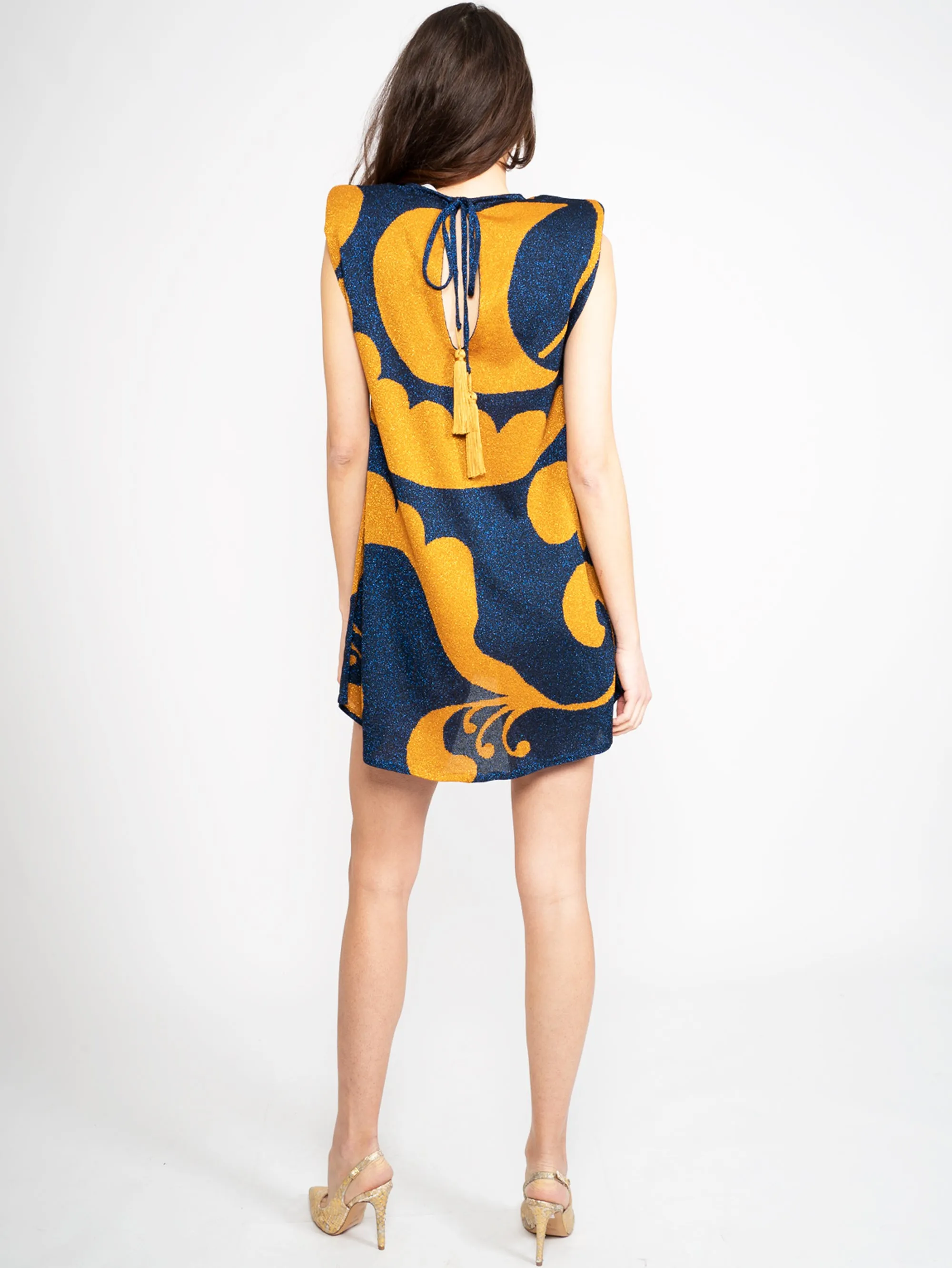 Abito Corto in Lurex Blu/Marrone
