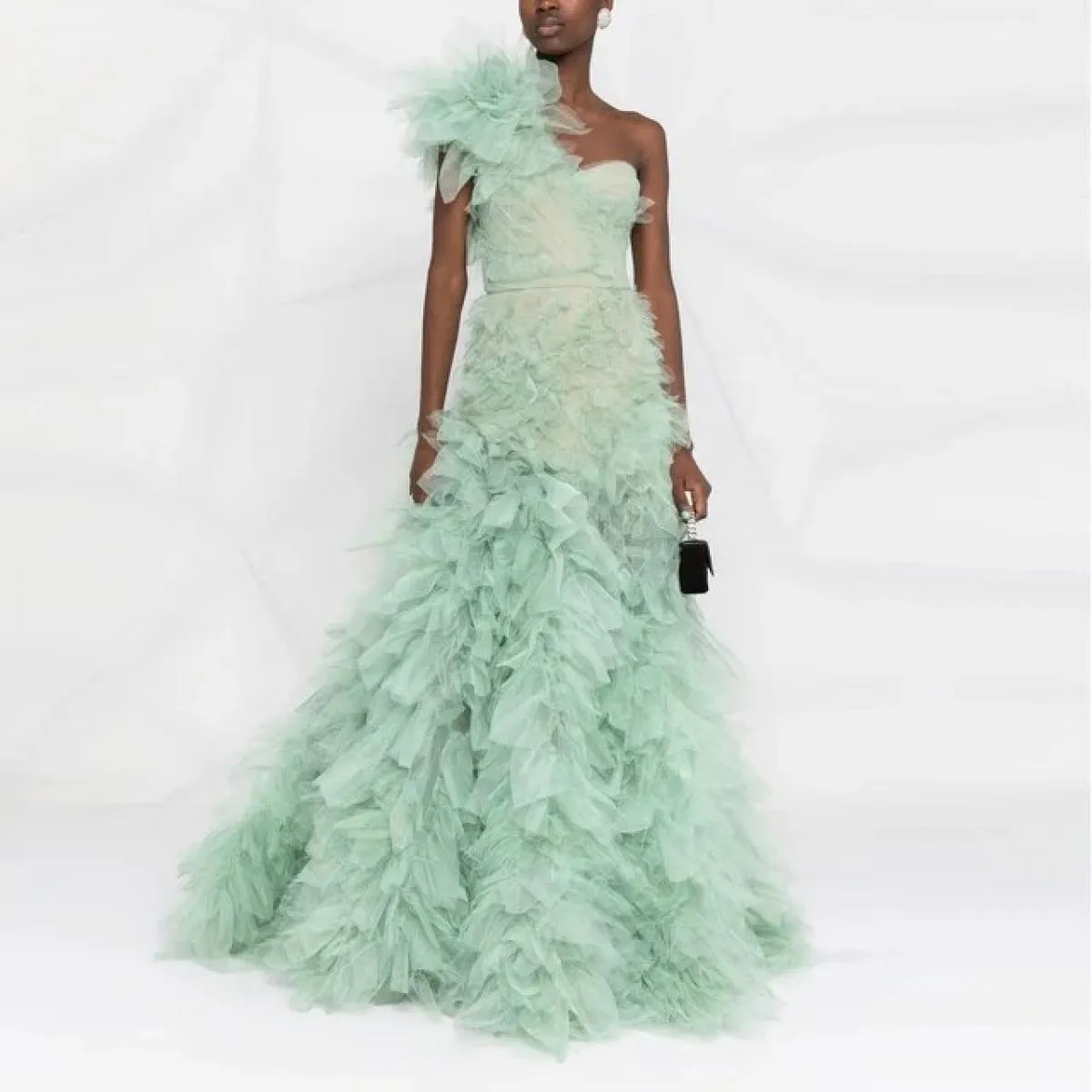 Abito da ballo con volant monospalla color menta Abiti da festa maxi da donna Abito formale da sera in tulle a strati gonfi فستا