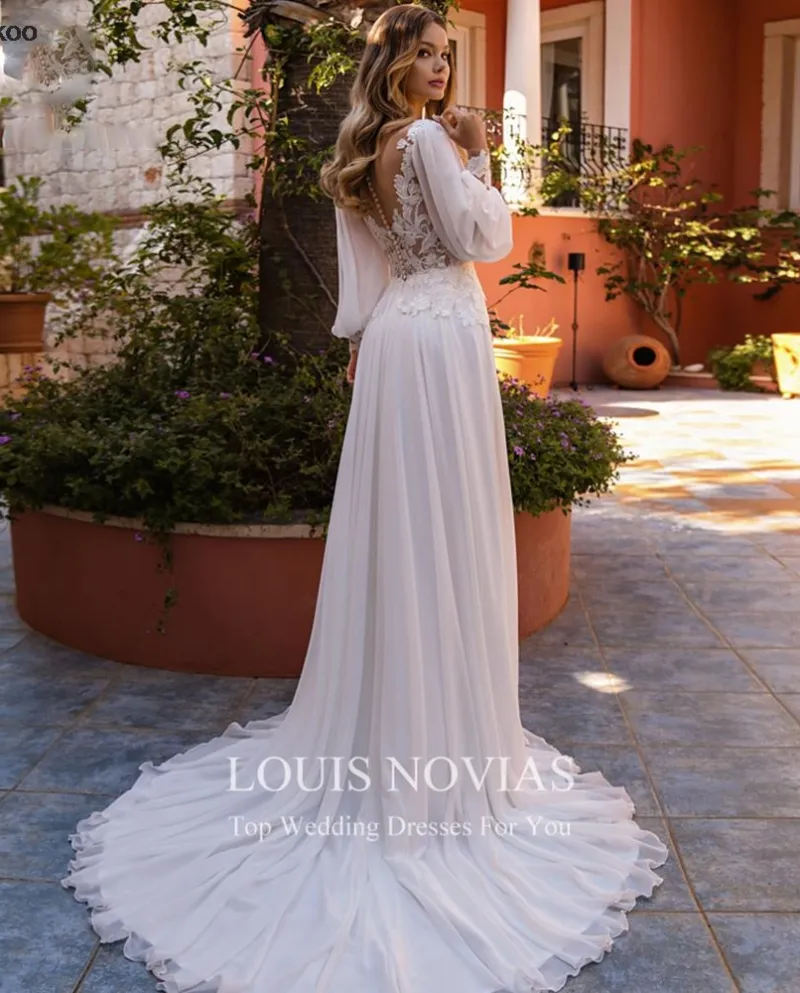 Abito da sposa in tulle con scollo a V modesto 2022 con applicazioni eleganti