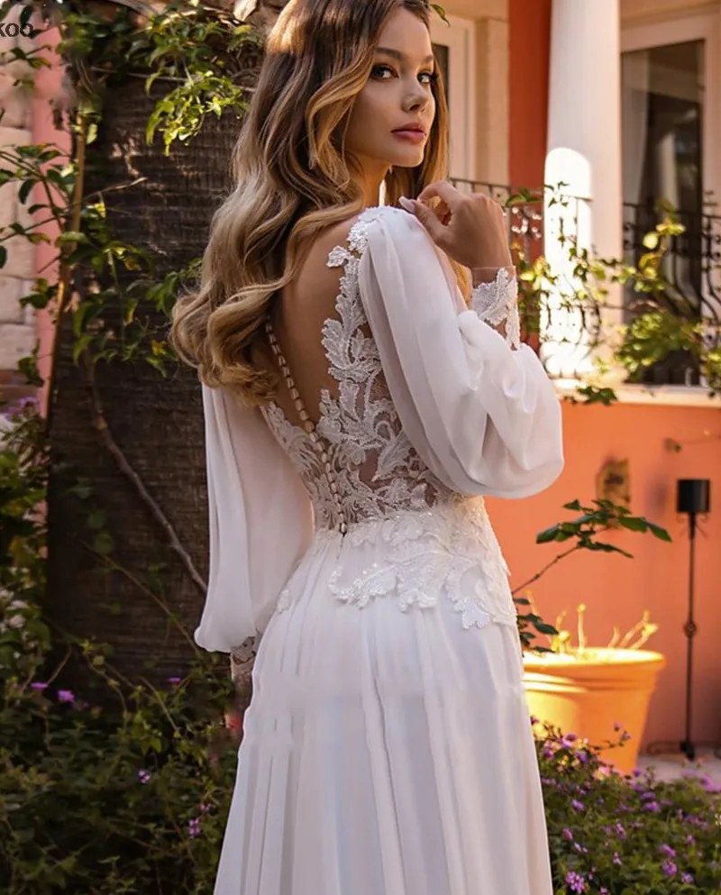 Abito da sposa in tulle con scollo a V modesto 2022 con applicazioni eleganti