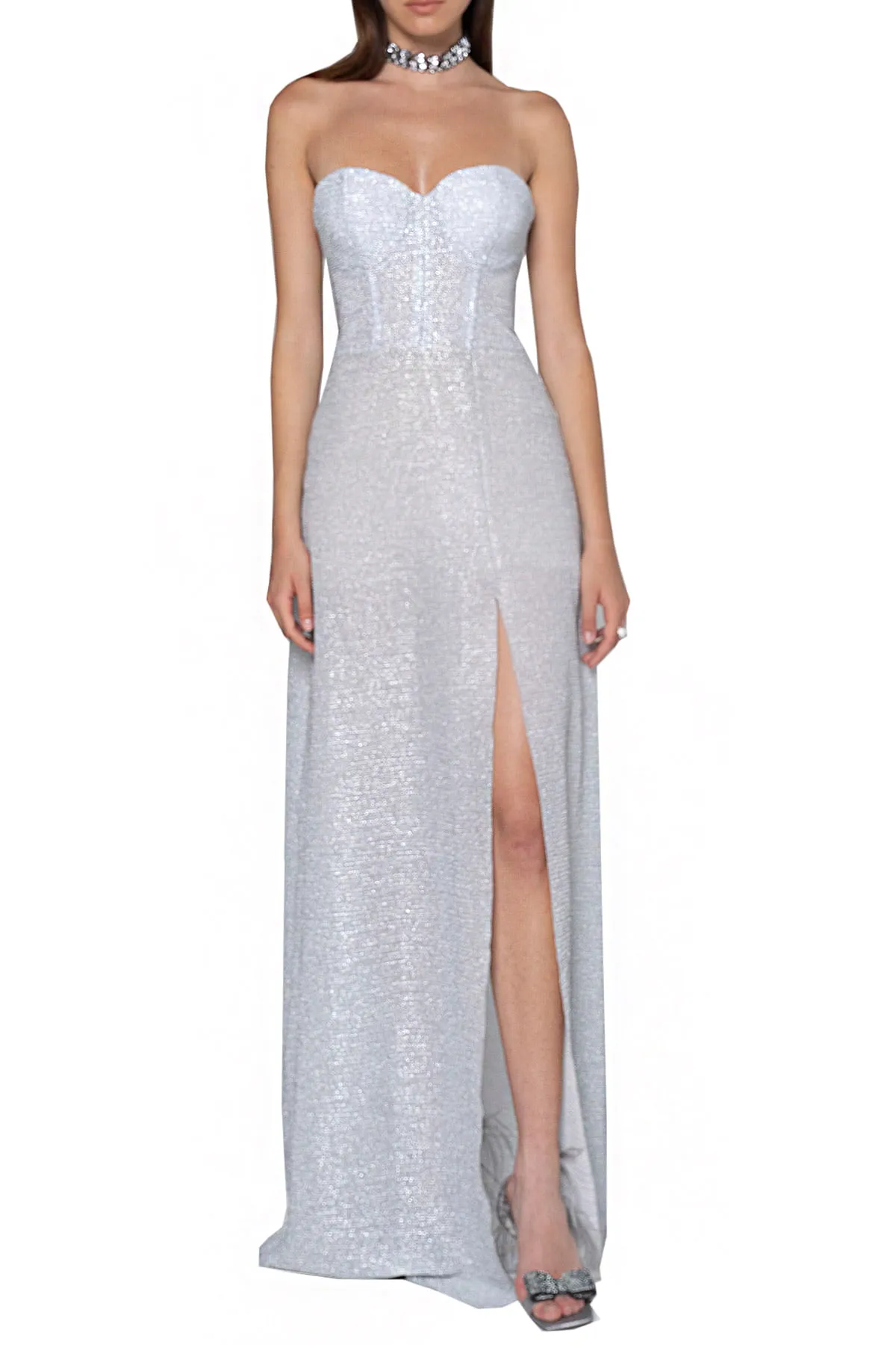 Abito donna lungo tessuto laminato stecche e coppe corsetto spacco sul lato davanti foderato con pantaloncino