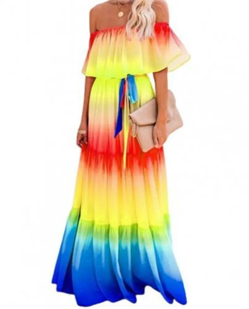 Abito lungo da donna estivo con spalle scoperte in tinta unita Abito in chiffon elegante Dre