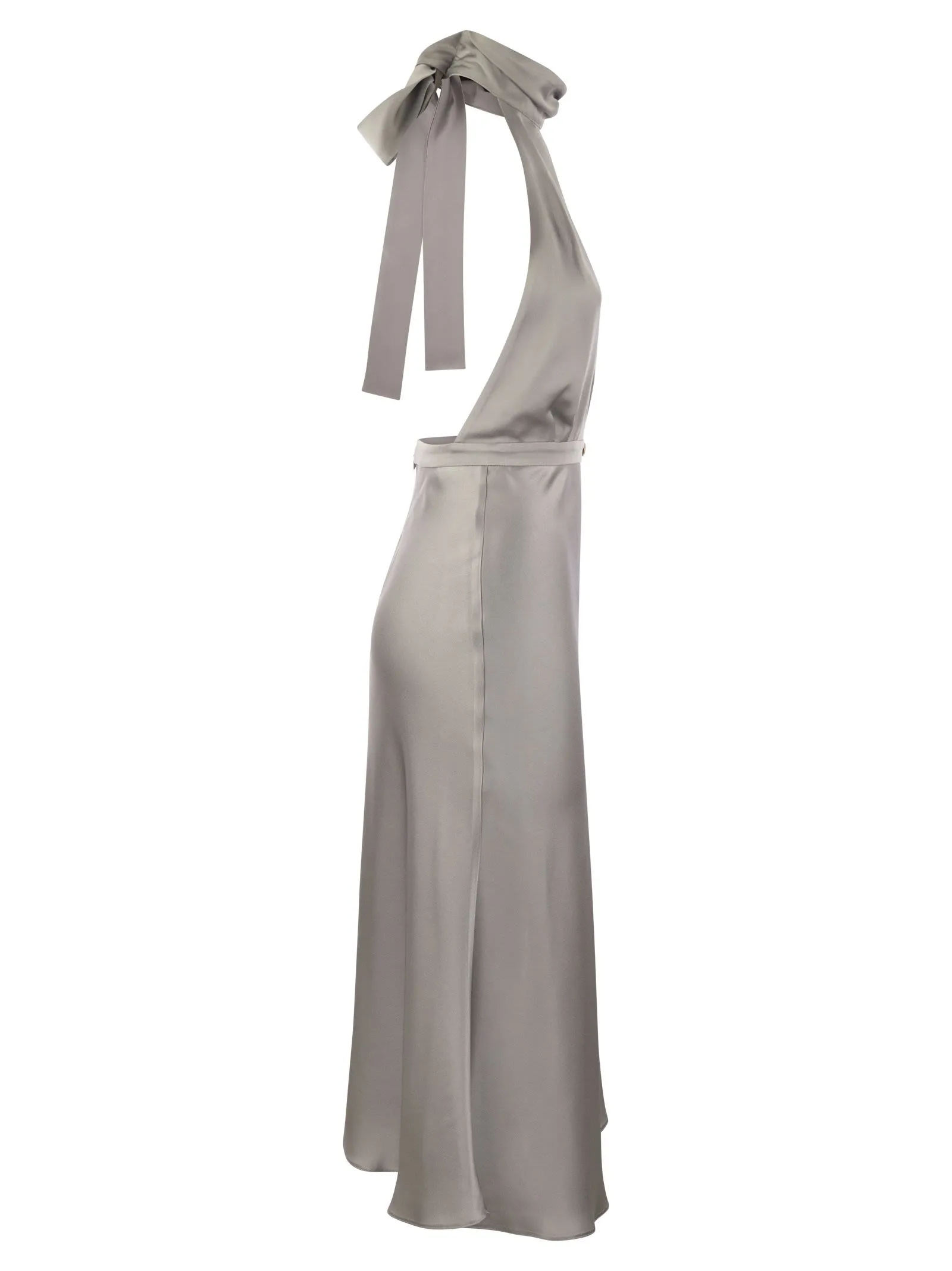 Abito midi in raso con gonna asimmetrica