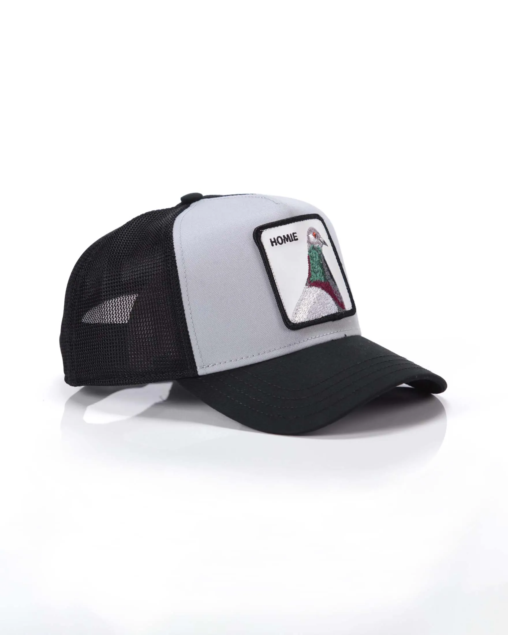 Berretto Pigeon trucker grigio con patch piccione e parte in mesh nera