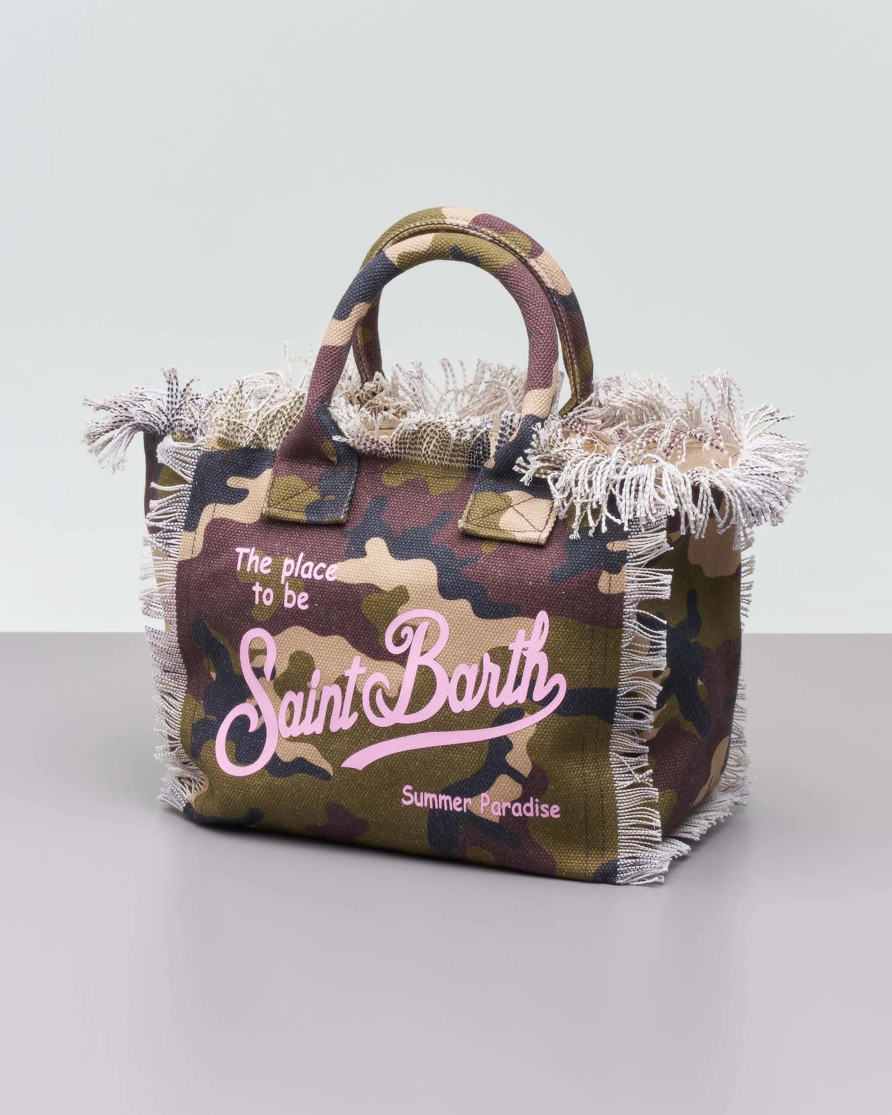 Borsa Colette camouflage in tela di cotone con logo rosa e orli sfrangiati