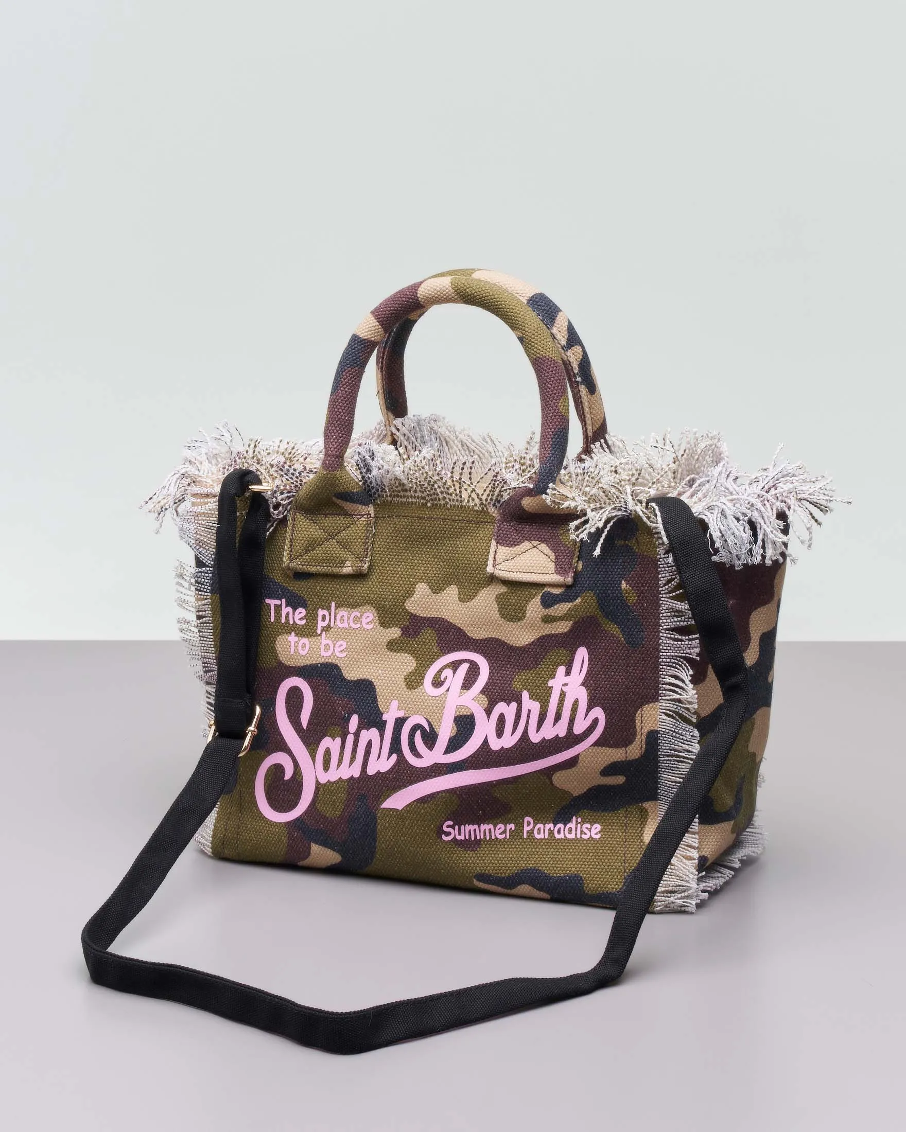 Borsa Colette camouflage in tela di cotone con logo rosa e orli sfrangiati