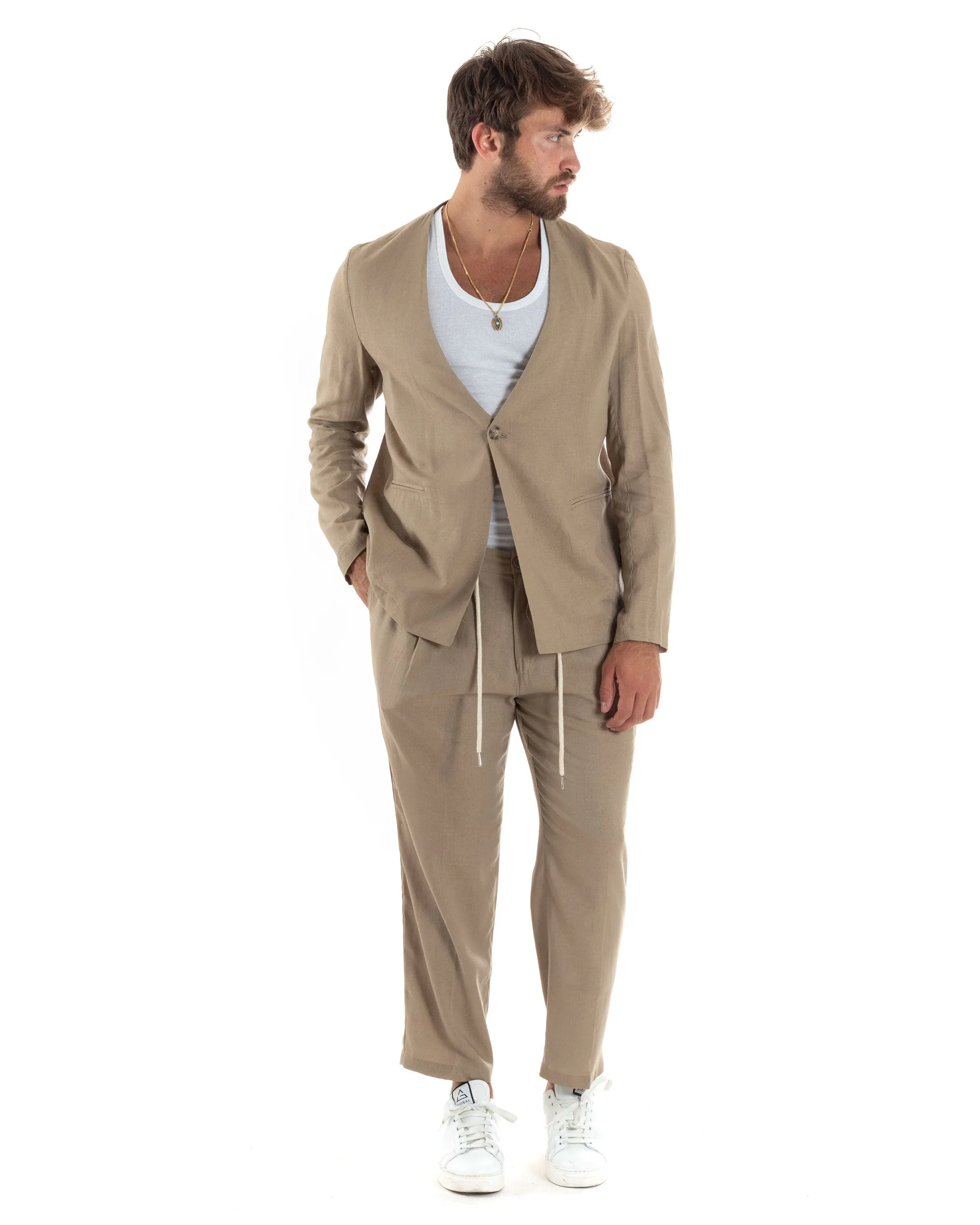 Completo Set Coordinato Uomo Lino Elegante Giacca Monopetto Senza Revers Scollata Pantaloni Basic Con Coulisse Outfit Regular Fi
