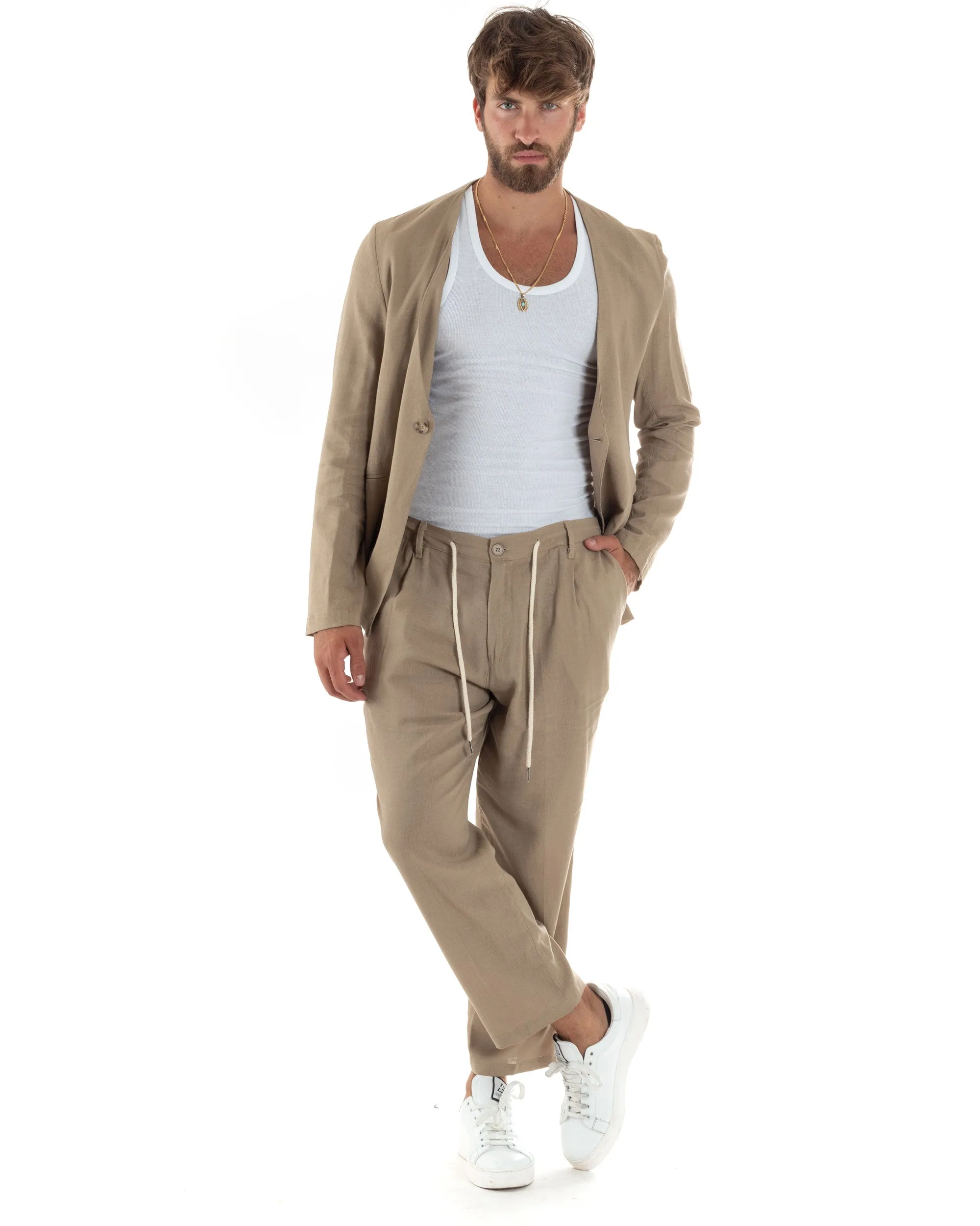 Completo Set Coordinato Uomo Lino Elegante Giacca Monopetto Senza Revers Scollata Pantaloni Basic Con Coulisse Outfit Regular Fi