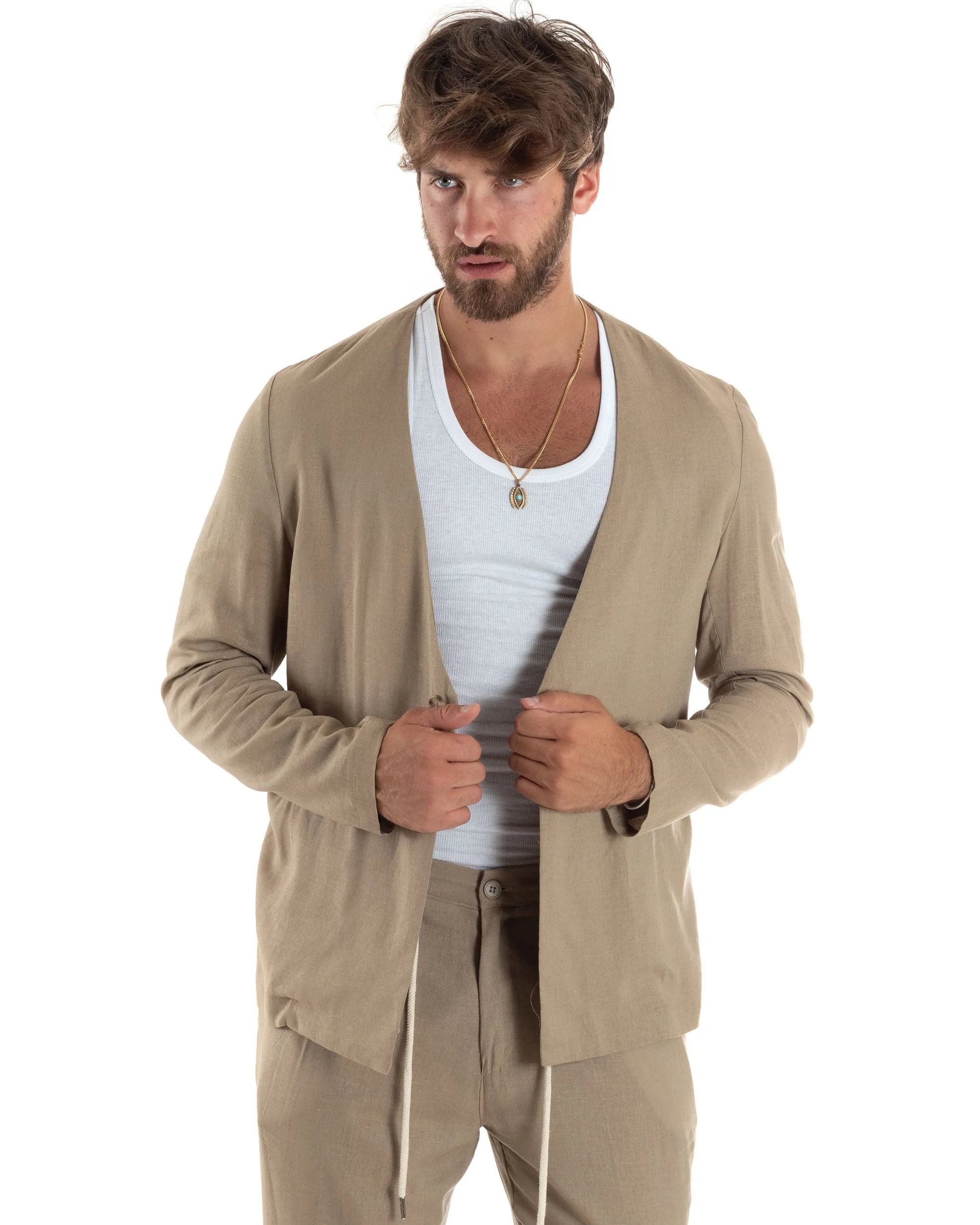 Completo Set Coordinato Uomo Lino Elegante Giacca Monopetto Senza Revers Scollata Pantaloni Basic Con Coulisse Outfit Regular Fi