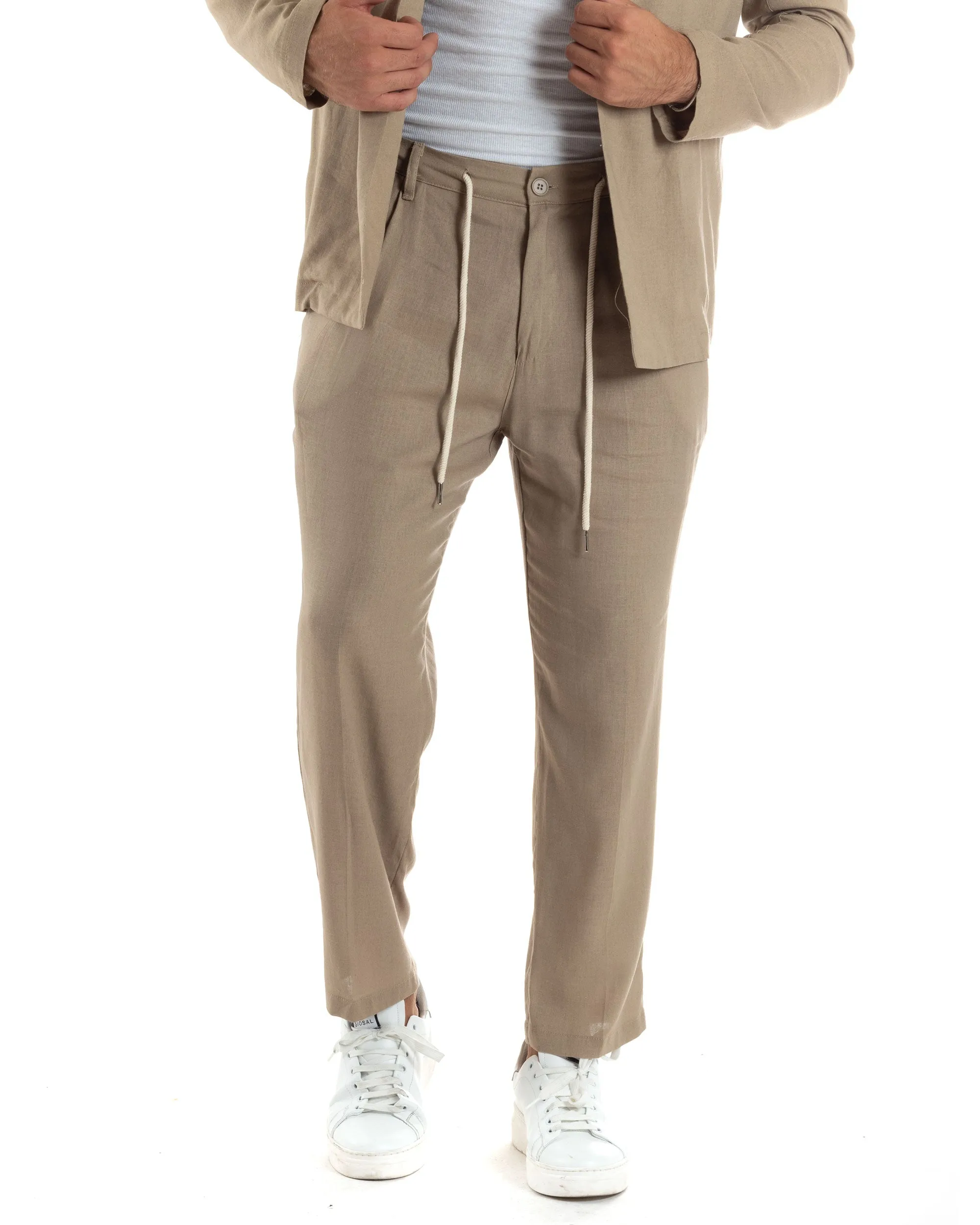Completo Set Coordinato Uomo Lino Elegante Giacca Monopetto Senza Revers Scollata Pantaloni Basic Con Coulisse Outfit Regular Fi