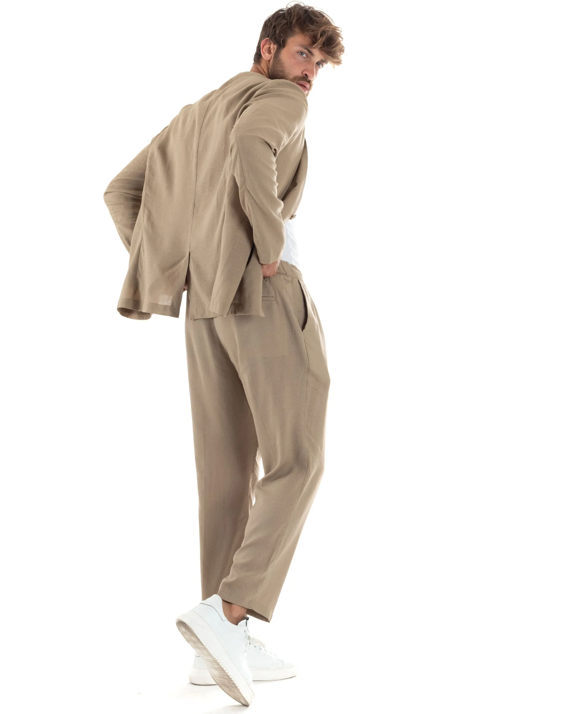 Completo Set Coordinato Uomo Lino Elegante Giacca Monopetto Senza Revers Scollata Pantaloni Basic Con Coulisse Outfit Regular Fi