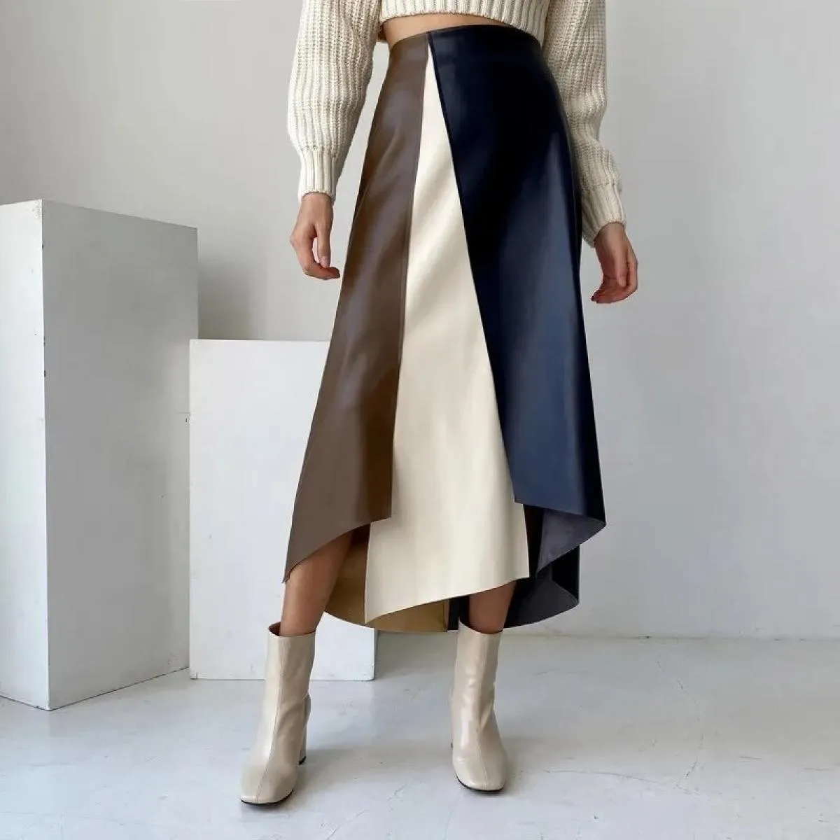 Contrast Color  Style  Faldas Largas Long Skirts Half Mid Length A Line Leather Skirt Patchwork Harajuku Midi Skirt