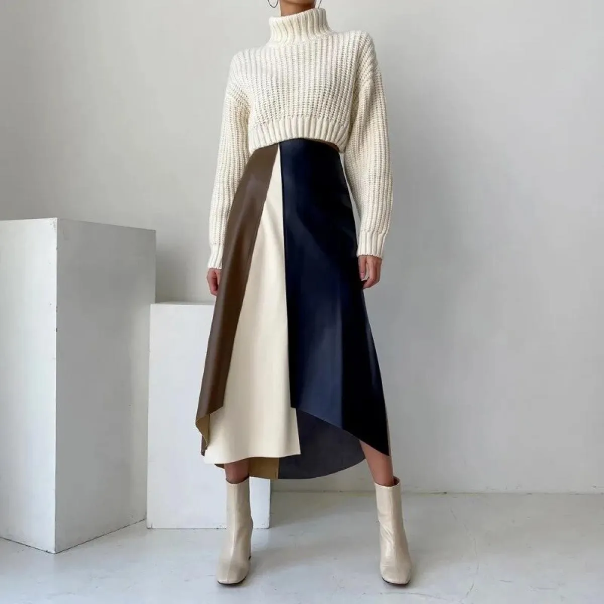 Contrast Color  Style  Faldas Largas Long Skirts Half Mid Length A Line Leather Skirt Patchwork Harajuku Midi Skirt