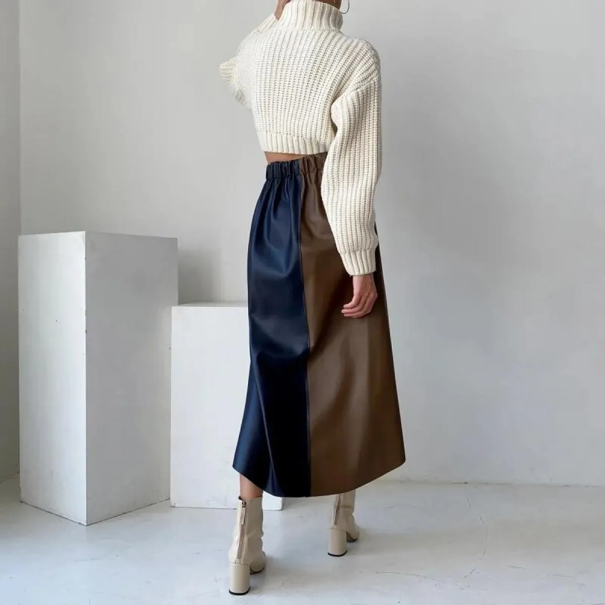 Contrast Color  Style  Faldas Largas Long Skirts Half Mid Length A Line Leather Skirt Patchwork Harajuku Midi Skirt