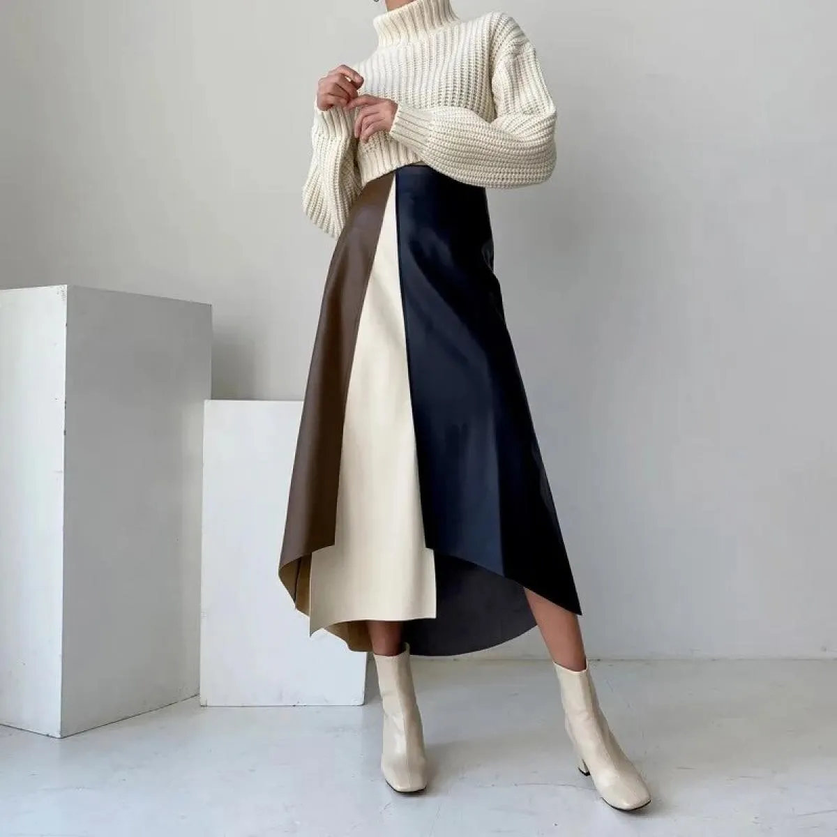 Contrast Color  Style  Faldas Largas Long Skirts Half Mid Length A Line Leather Skirt Patchwork Harajuku Midi Skirt