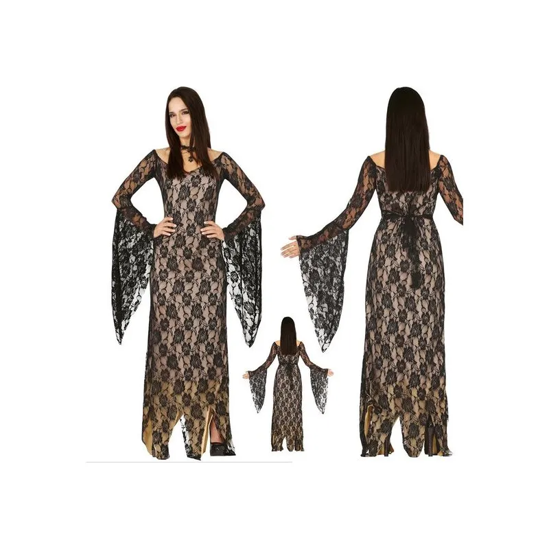 COSTUME CARNEVALE ELEGANTE ROSE NERE IN PIZZO TG L EVIL LADY ABITO DA SERA LUNGO MORTICIA FAMIGLIA ADDAMS HALLOWEEN NO A