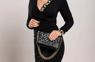 Elegante abito midi con stampa geometrica, nero
