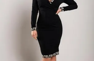 Elegante abito midi con stampa geometrica, nero