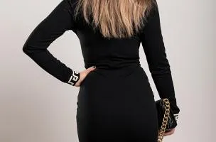 Elegante abito midi con stampa geometrica, nero