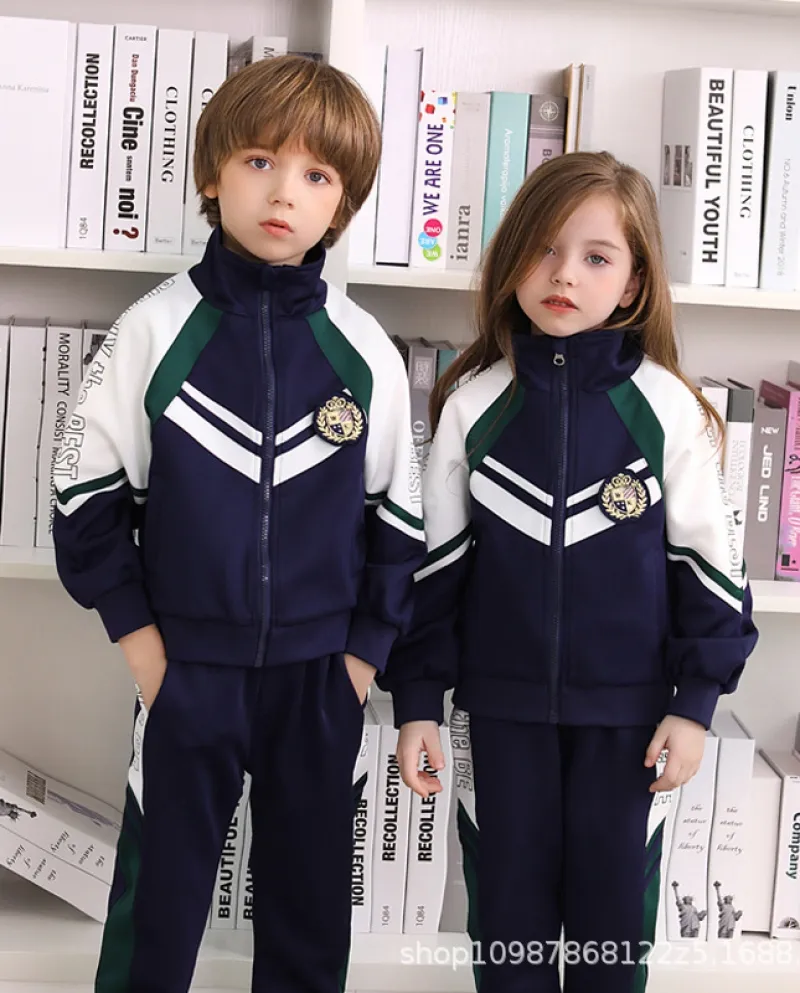 Giacca a maniche lunghe per bambini con cerniera blu navy e pantaloni lunghi in due pezzi
