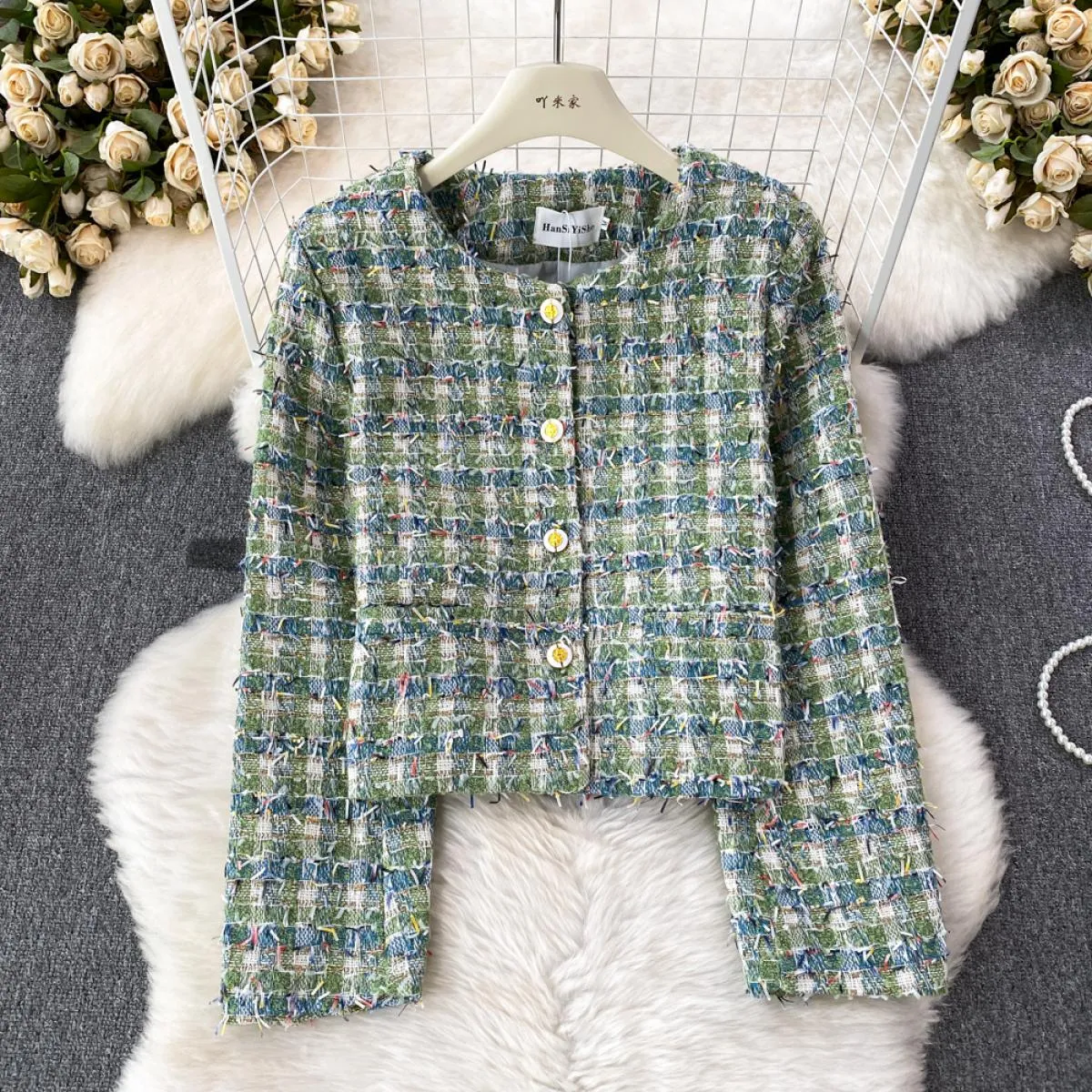 Giacca dritta autunno inverno per donna Cappotto monopetto di lusso a maniche lunghe in tweed di lana femminile lavorata a magli