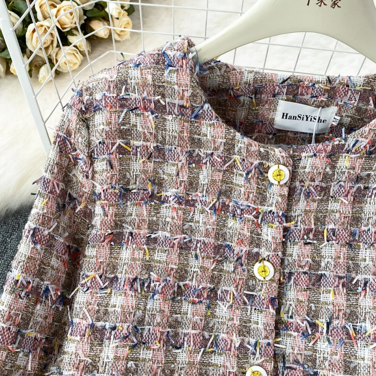 Giacca dritta autunno inverno per donna Cappotto monopetto di lusso a maniche lunghe in tweed di lana femminile lavorata a magli