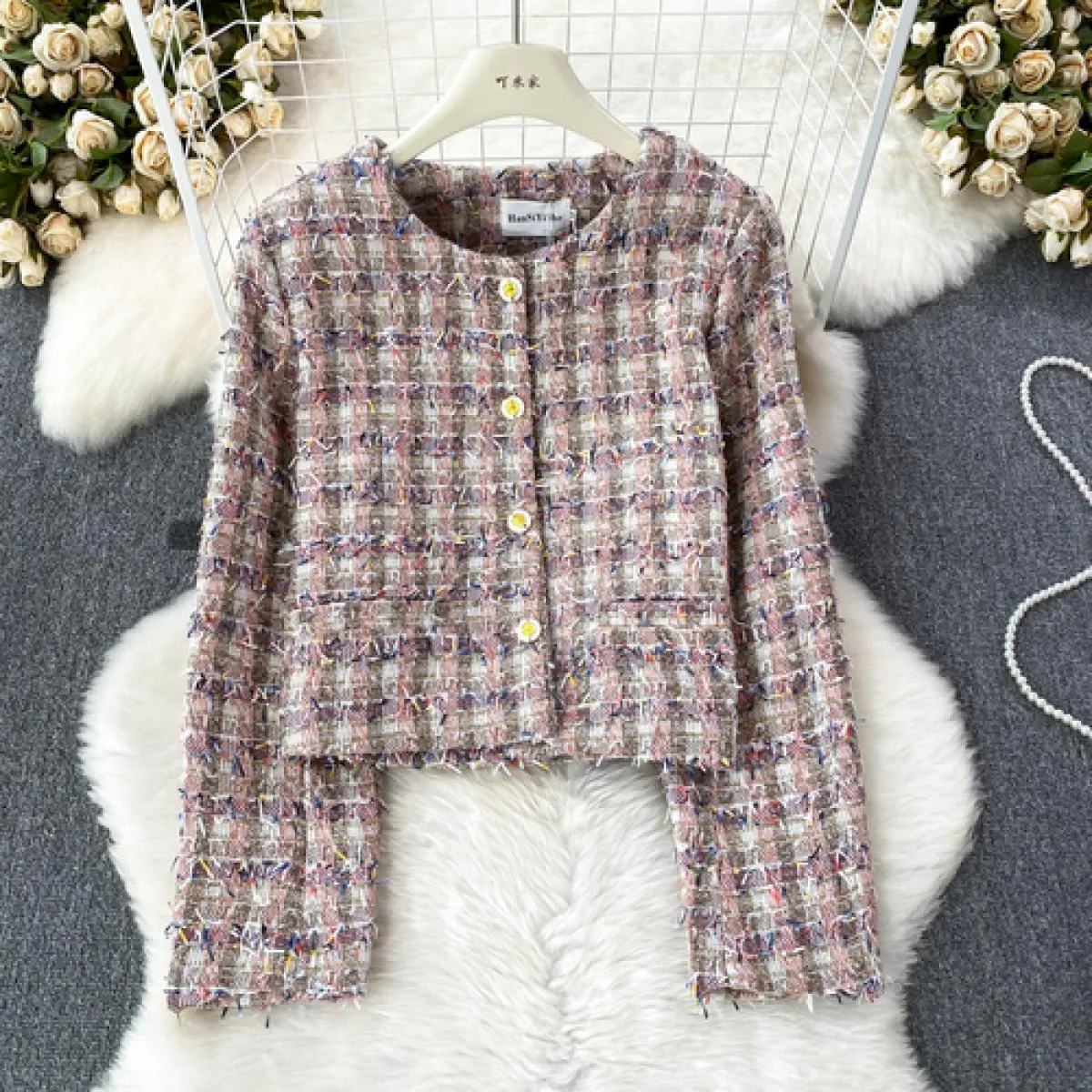 Giacca dritta autunno inverno per donna Cappotto monopetto di lusso a maniche lunghe in tweed di lana femminile lavorata a magli