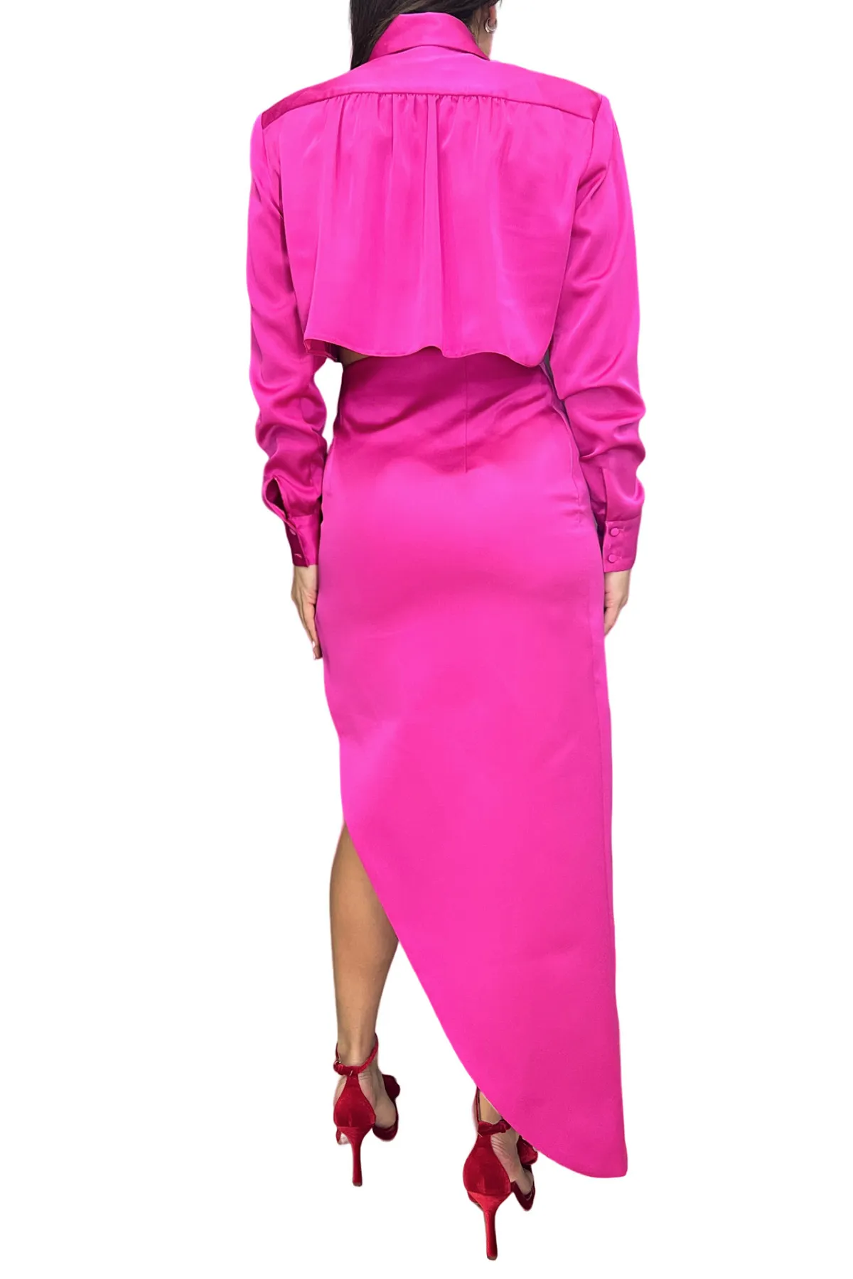Gonna donna longuette asimmetrica in tessuto satin vita alta con zip a scomparsa laterale