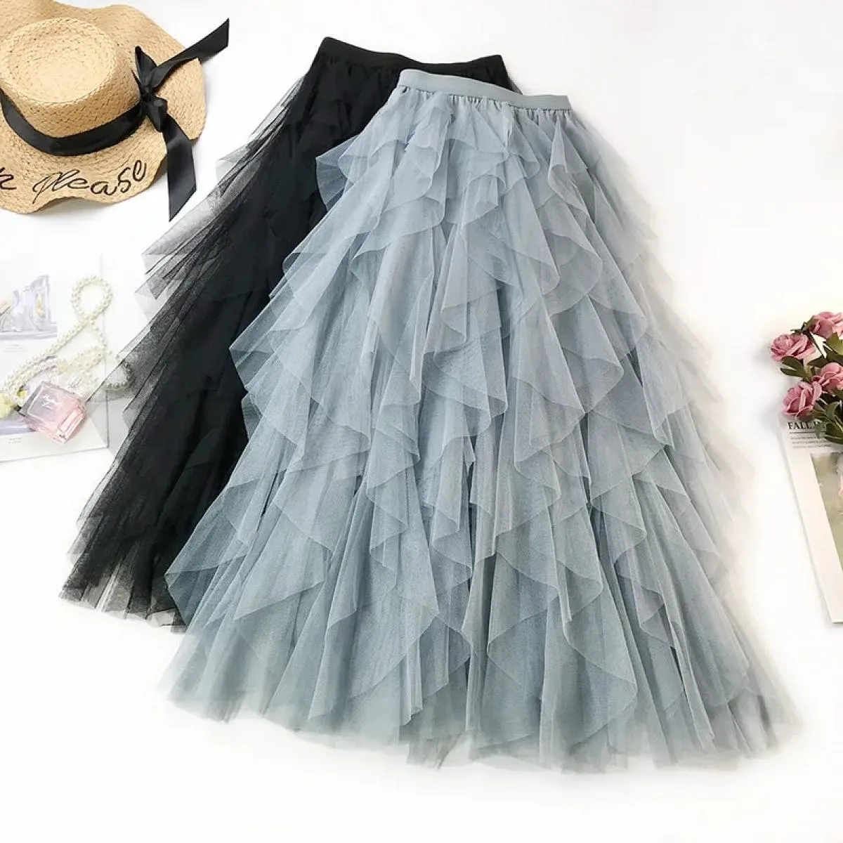 Gonna lunga lunga in tulle moda donna 2023 gonna tutu pieghettata a vita alta rosa carina gonna in rete da donna femminile in re