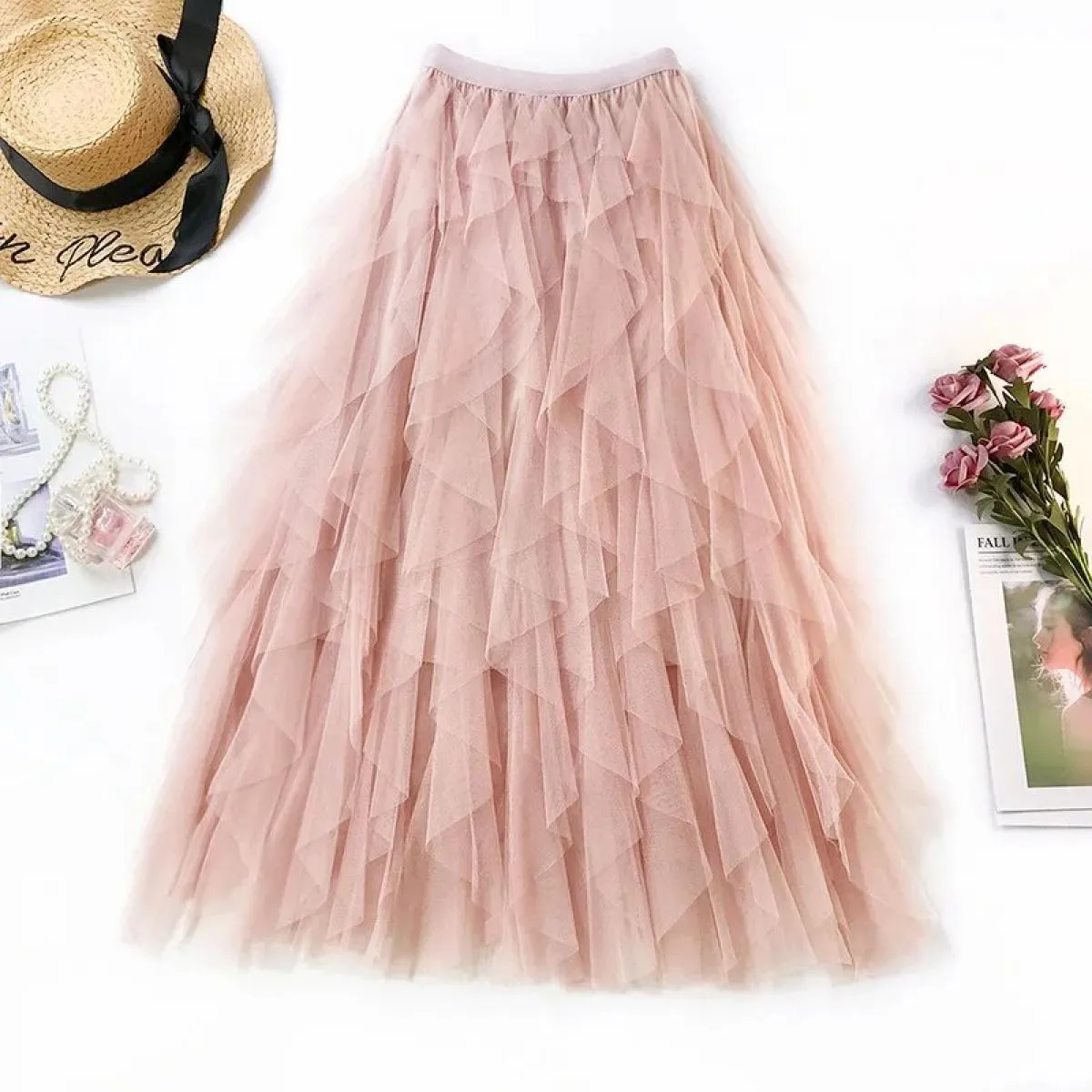 Gonna lunga lunga in tulle moda donna 2023 gonna tutu pieghettata a vita alta rosa carina gonna in rete da donna femminile in re