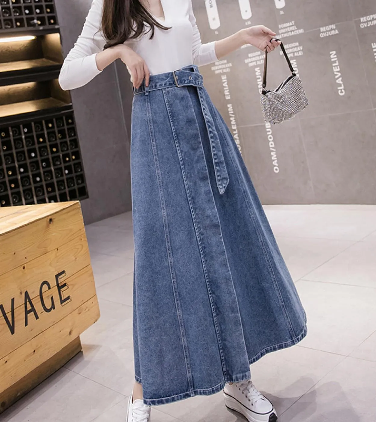 Gonne jeans con bottoni midi da donna Gonna lunga in denim chic a vita alta Gonna casual in jeans con orlo grande Gonna primaver