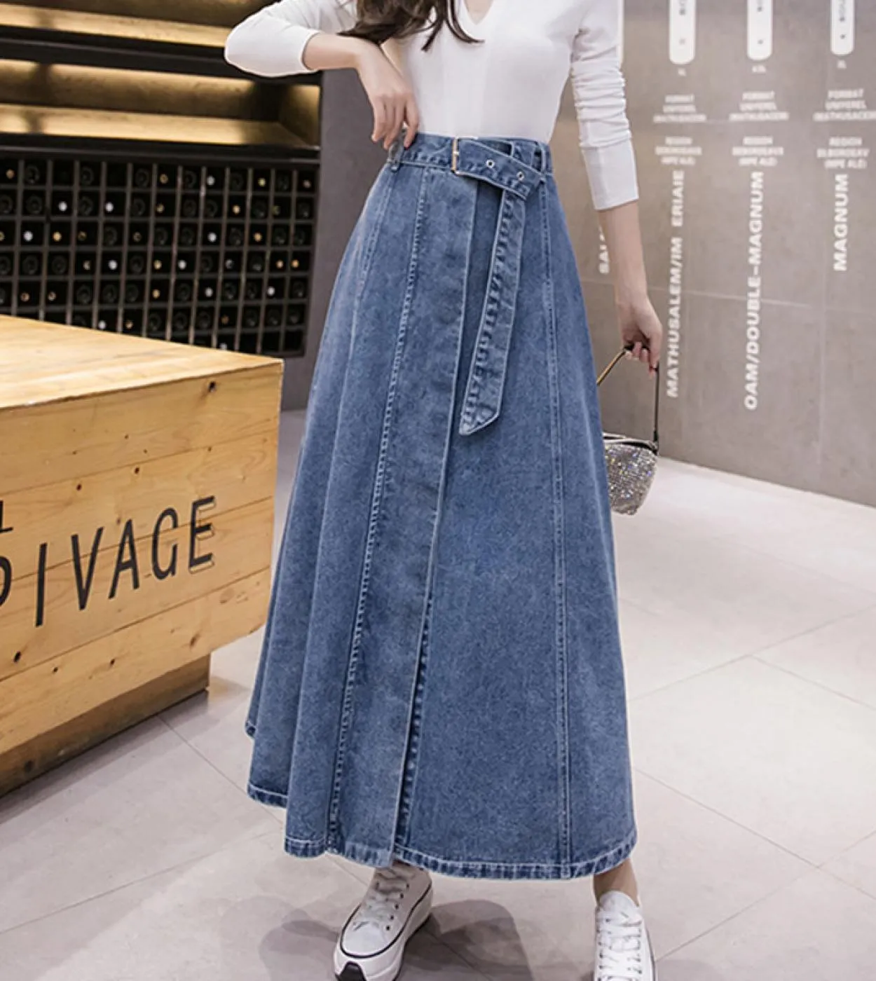 Gonne jeans con bottoni midi da donna Gonna lunga in denim chic a vita alta Gonna casual in jeans con orlo grande Gonna primaver