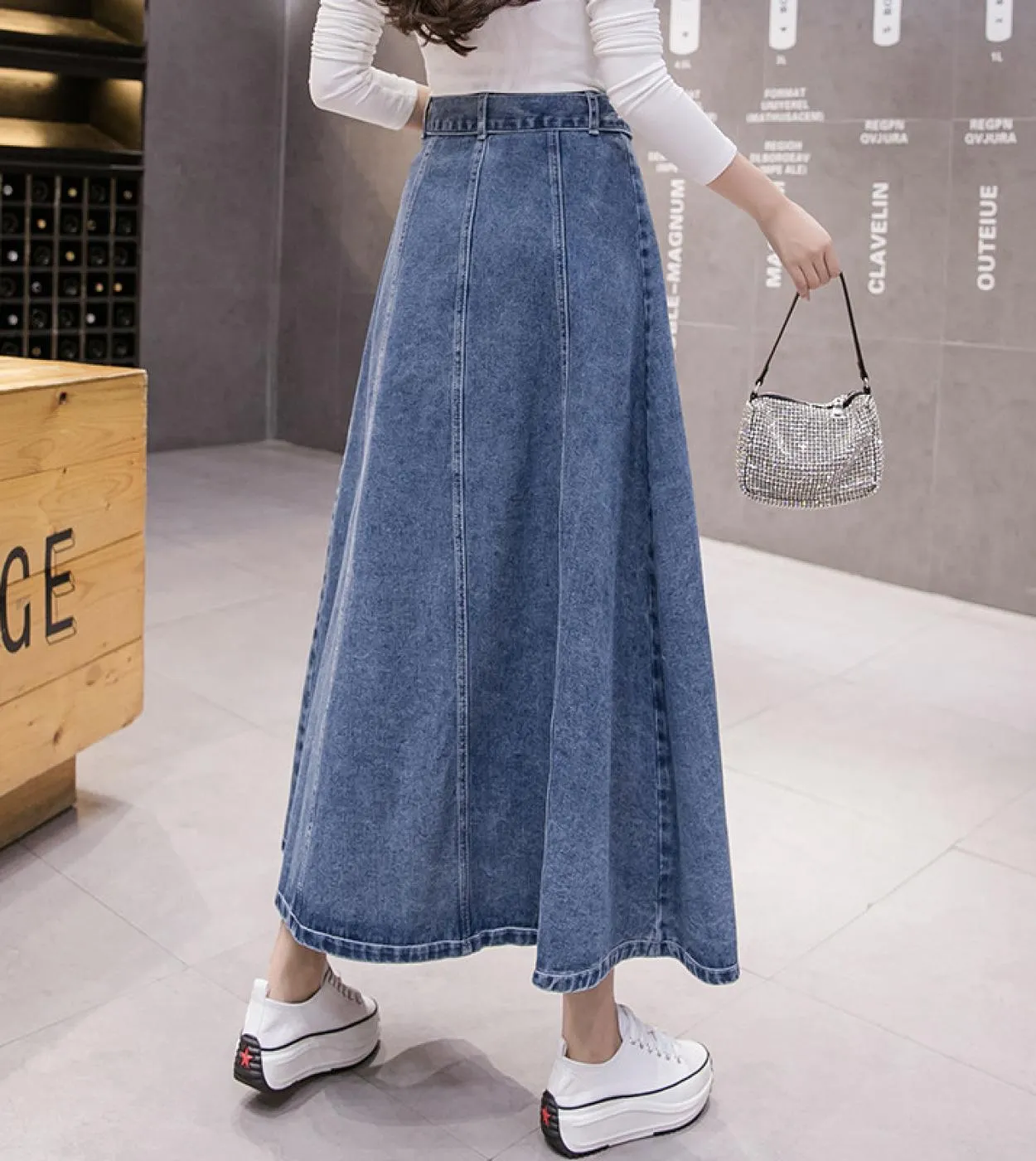 Gonne jeans con bottoni midi da donna Gonna lunga in denim chic a vita alta Gonna casual in jeans con orlo grande Gonna primaver