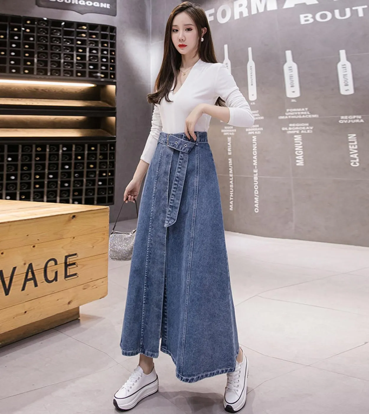 Gonne jeans con bottoni midi da donna Gonna lunga in denim chic a vita alta Gonna casual in jeans con orlo grande Gonna primaver