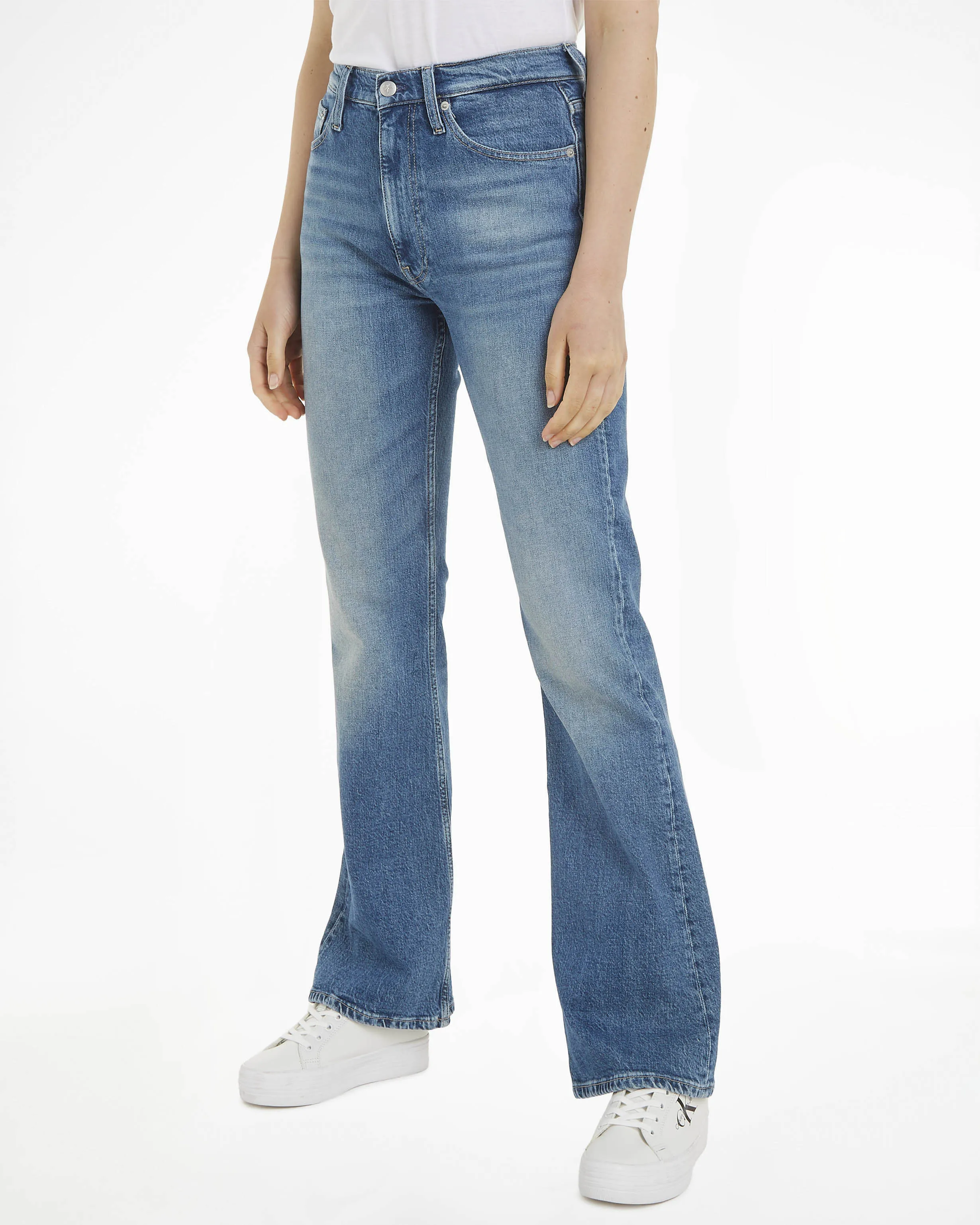 Jeans bootcut in cotone stretch blu stone washed con schiariture lungo le gambe