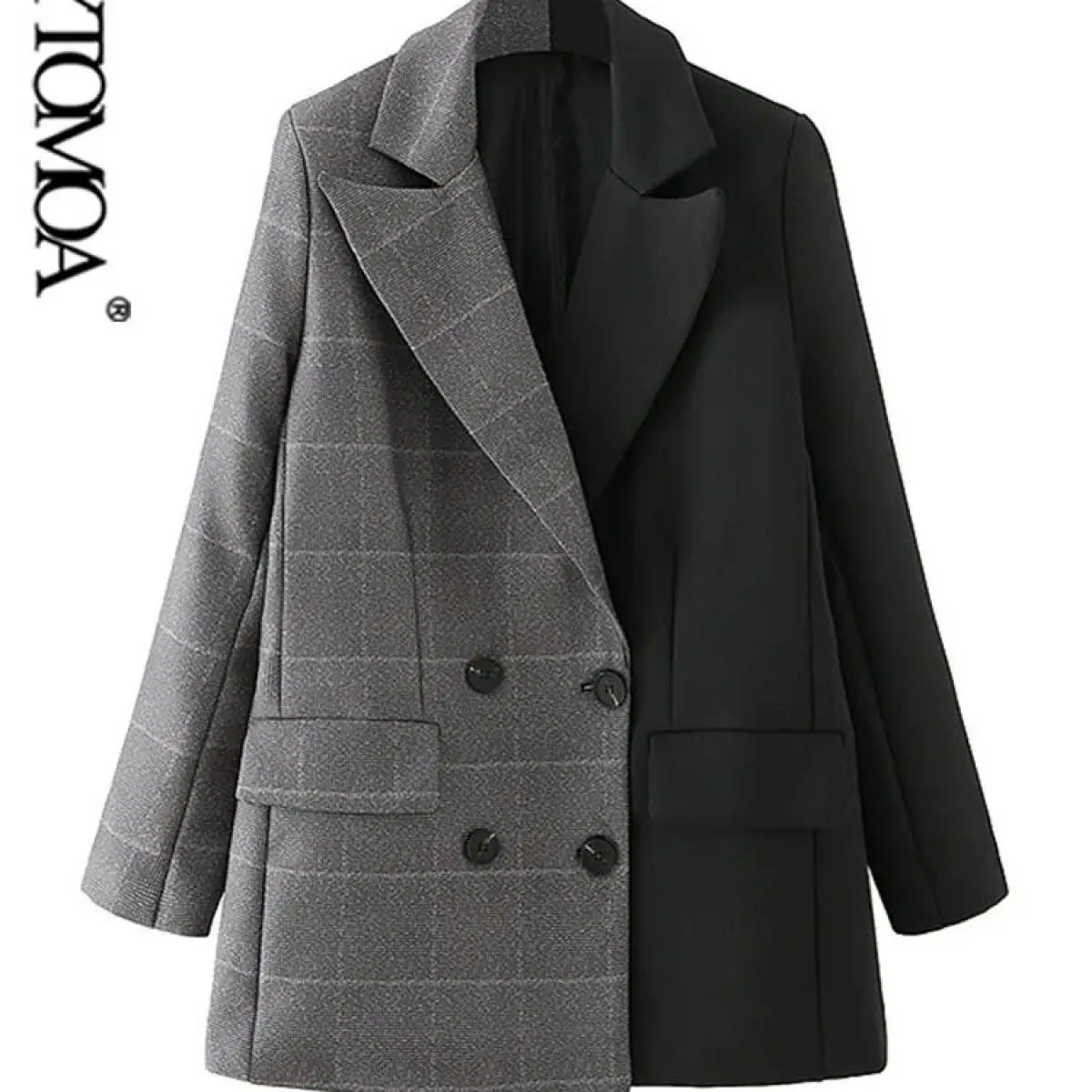 Kpytomoa Cappotto blazer patchwork doppio petto moda donna Tasche maniche lunghe vintage Capispalla femminile Chic Topsblaz