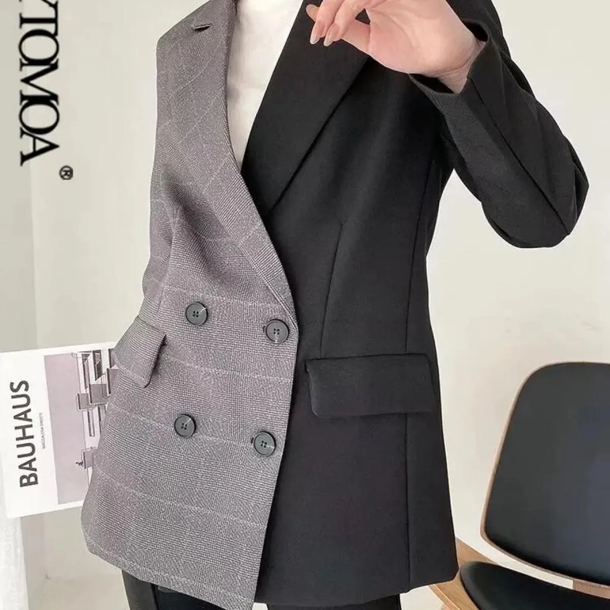 Kpytomoa Cappotto blazer patchwork doppio petto moda donna Tasche maniche lunghe vintage Capispalla femminile Chic Topsblaz