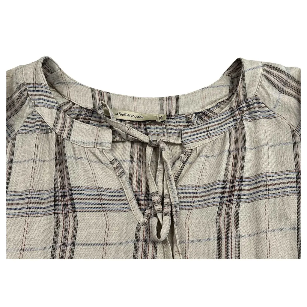 LA FEE MARABOUTEE blusa donna ecru quadri blu/cammello FE-TO-RUNE-S MADE IN ITALY