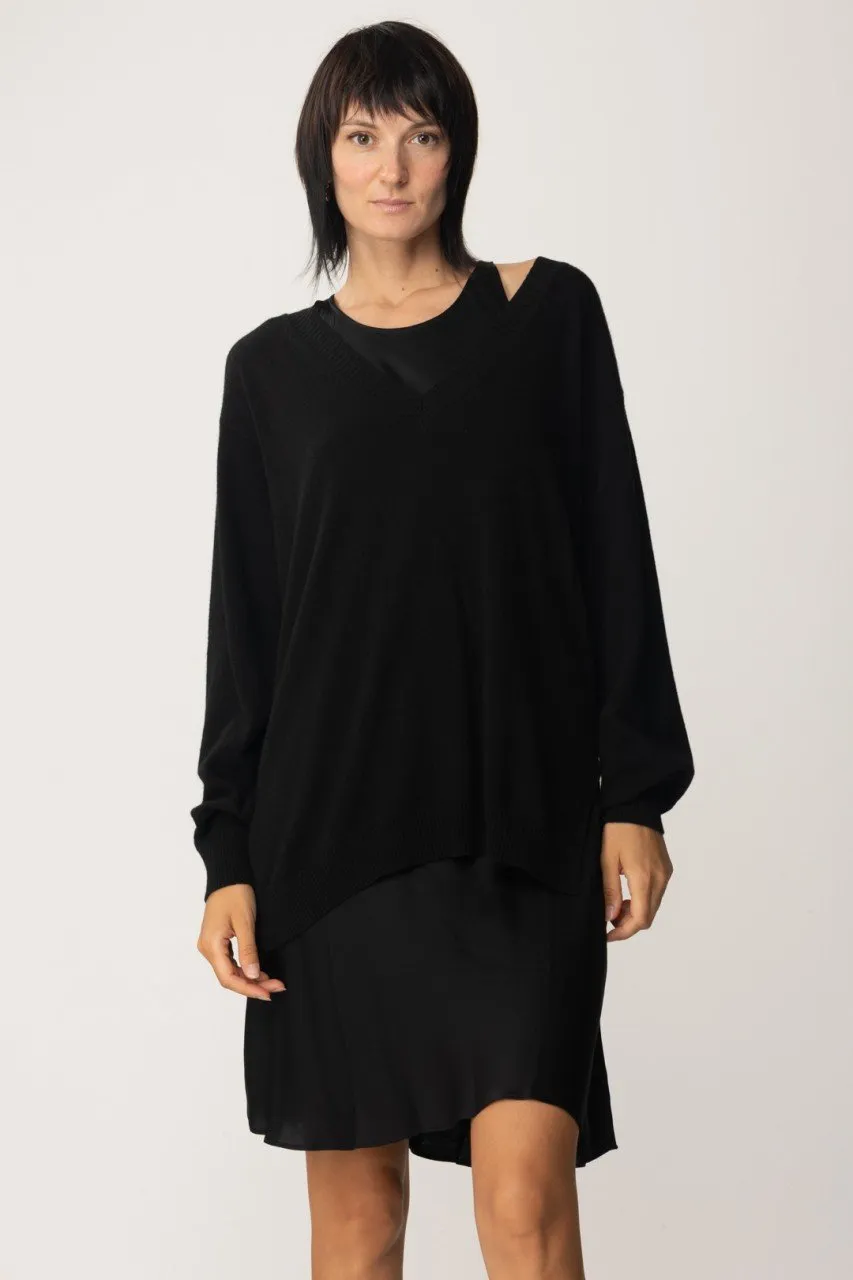 Maxi maglia in lana mini abito in satin Nero
