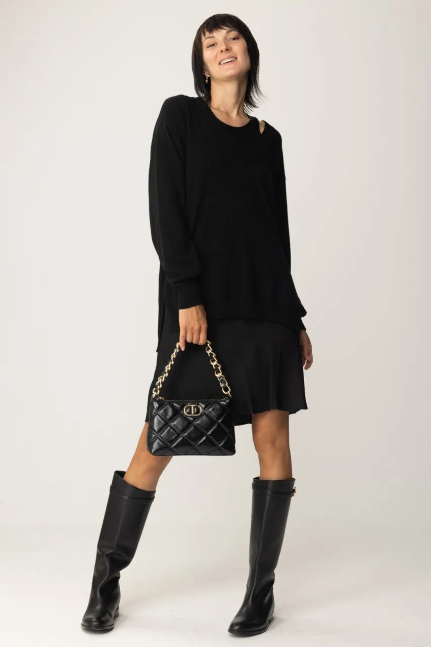 Maxi maglia in lana mini abito in satin Nero