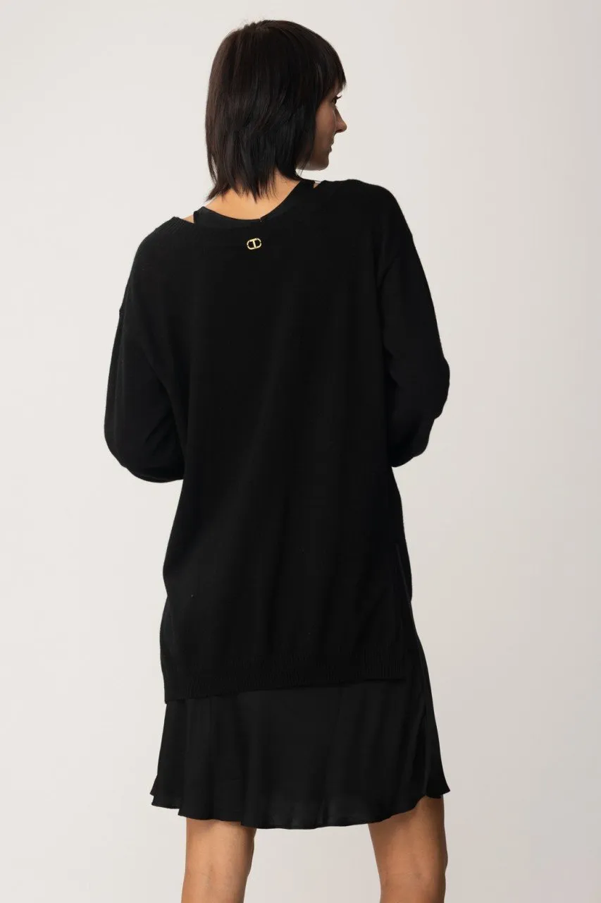 Maxi maglia in lana mini abito in satin Nero