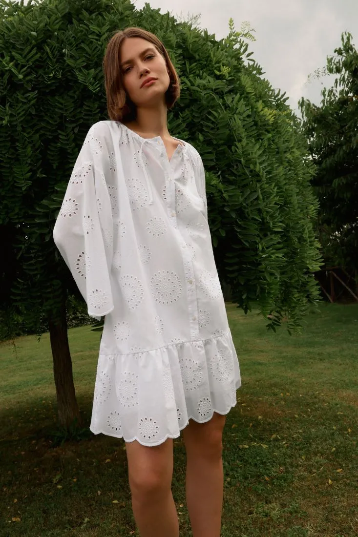 Mini abito oversize traforato in puro cotone con cordino