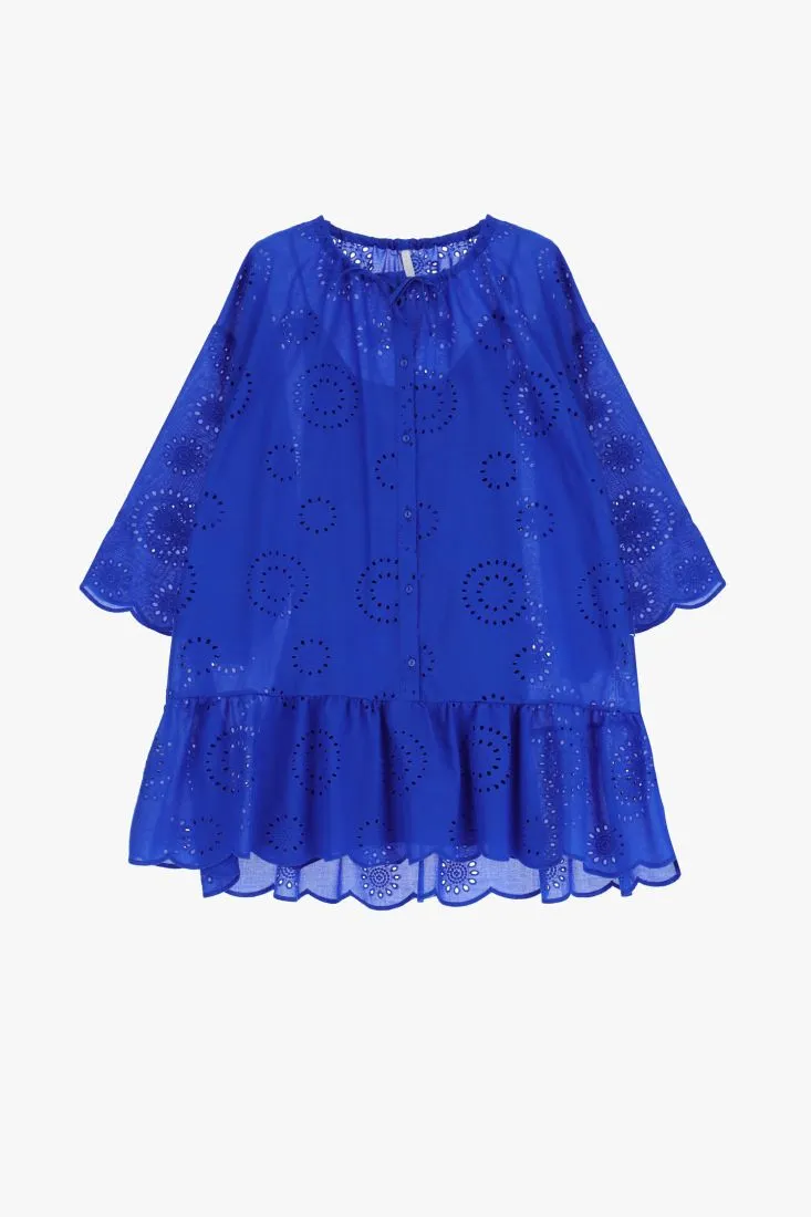 Mini abito oversize traforato in puro cotone con cordino