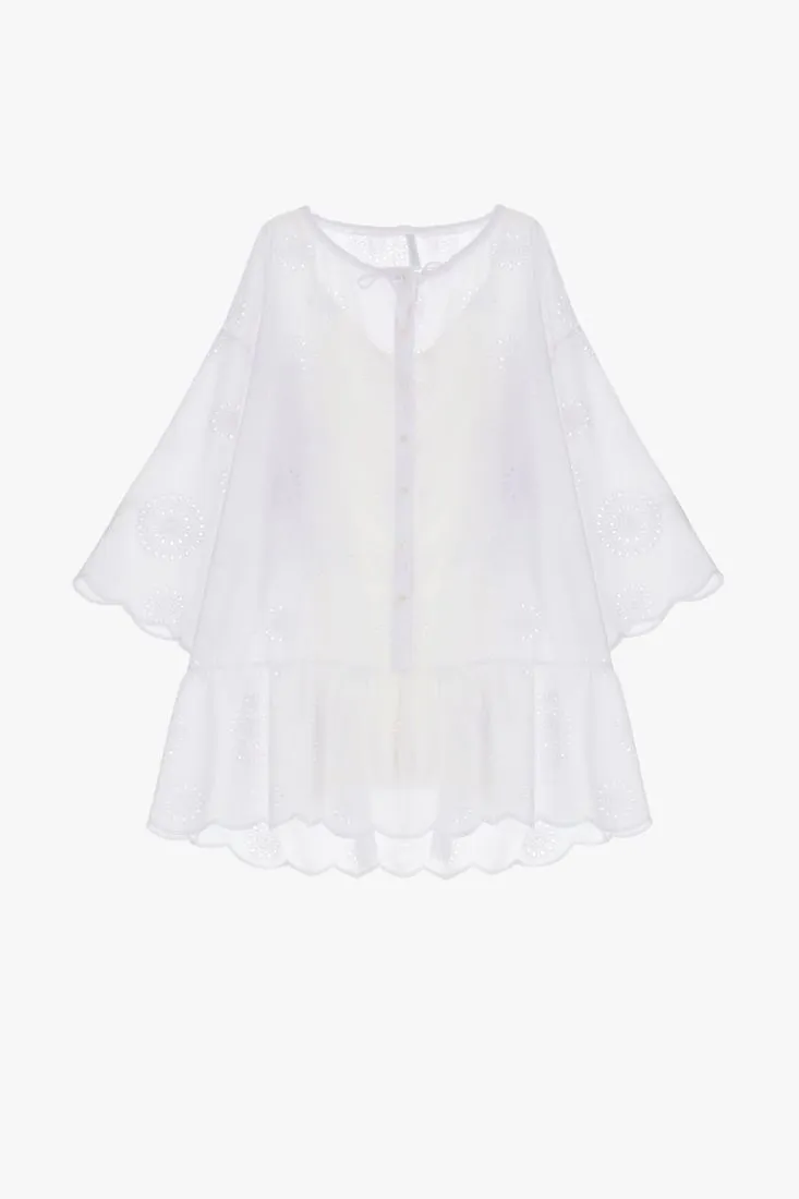 Mini abito oversize traforato in puro cotone con cordino