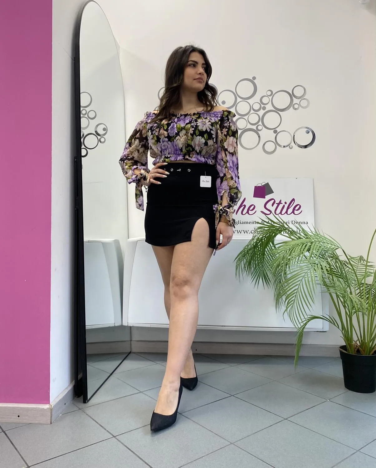 Mini gonna in tessuto con cintura