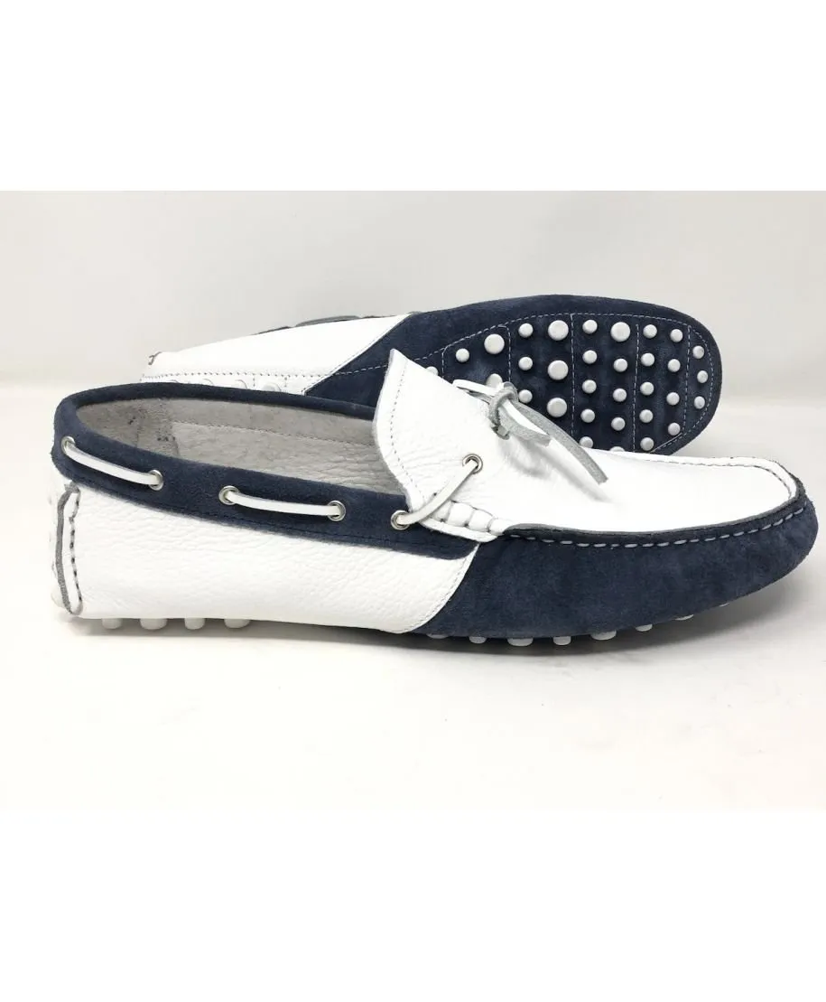 Mocassini uomo estivi, bianco e blu con tacchetti in gomma
