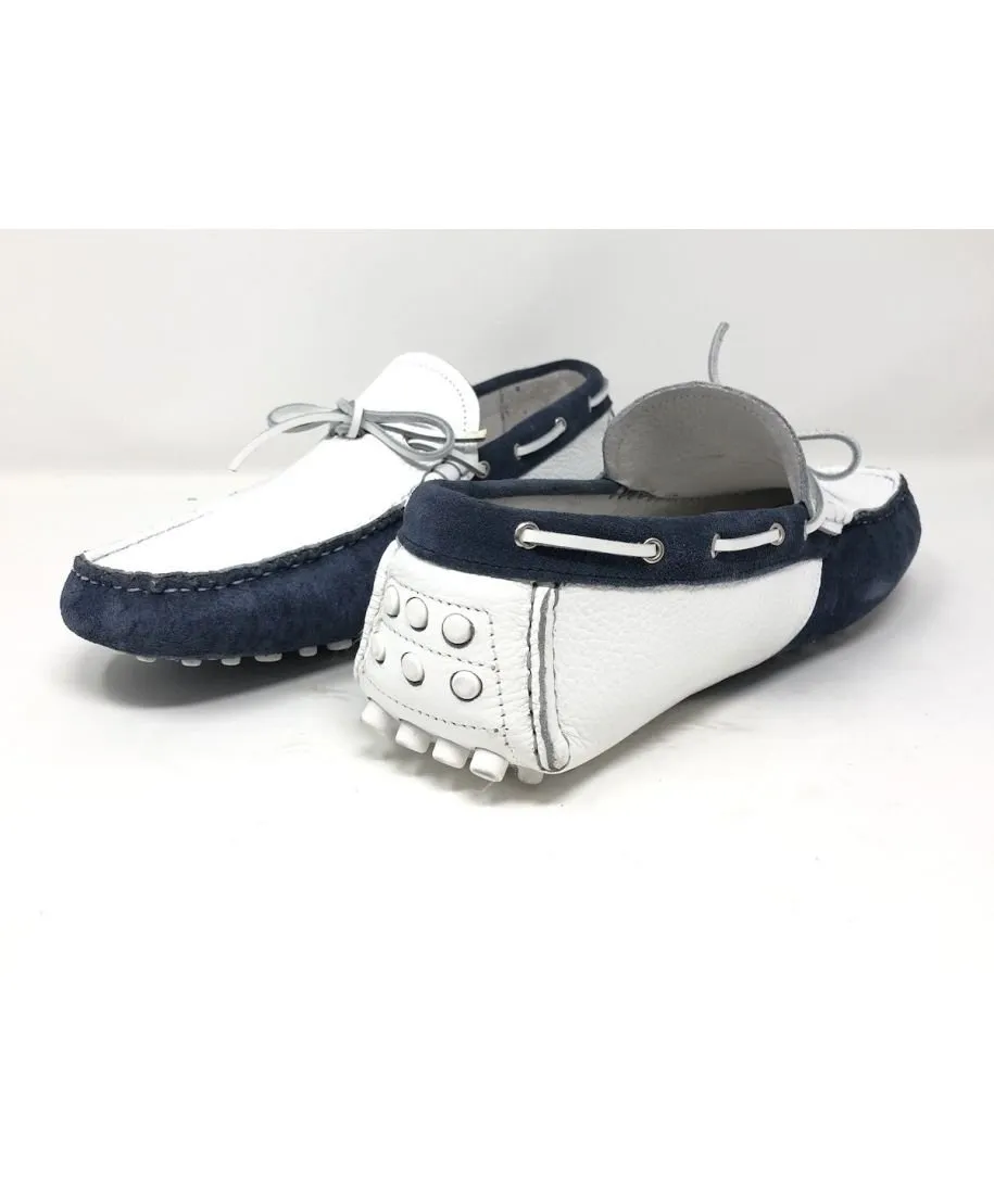 Mocassini uomo estivi, bianco e blu con tacchetti in gomma