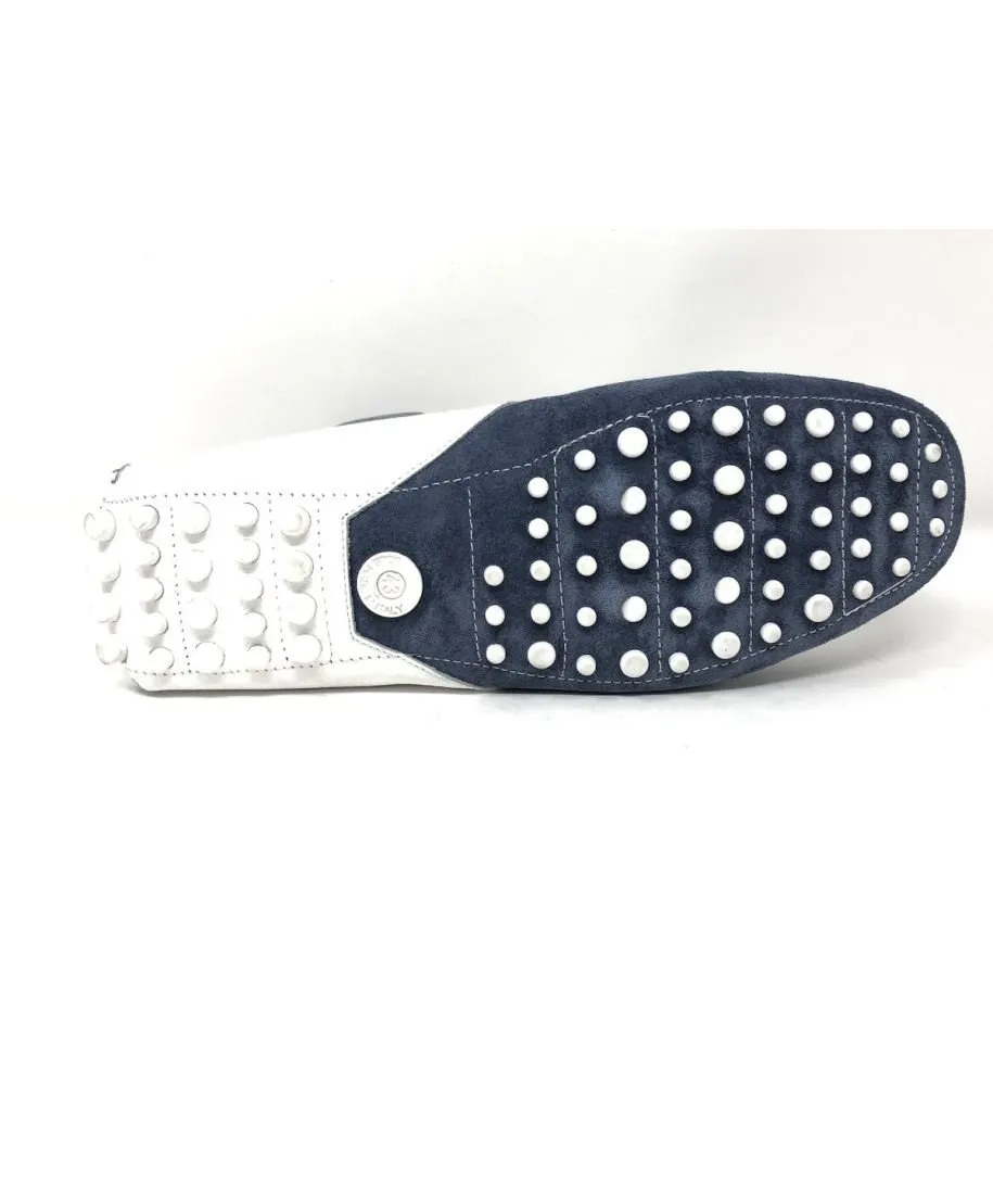 Mocassini uomo estivi, bianco e blu con tacchetti in gomma