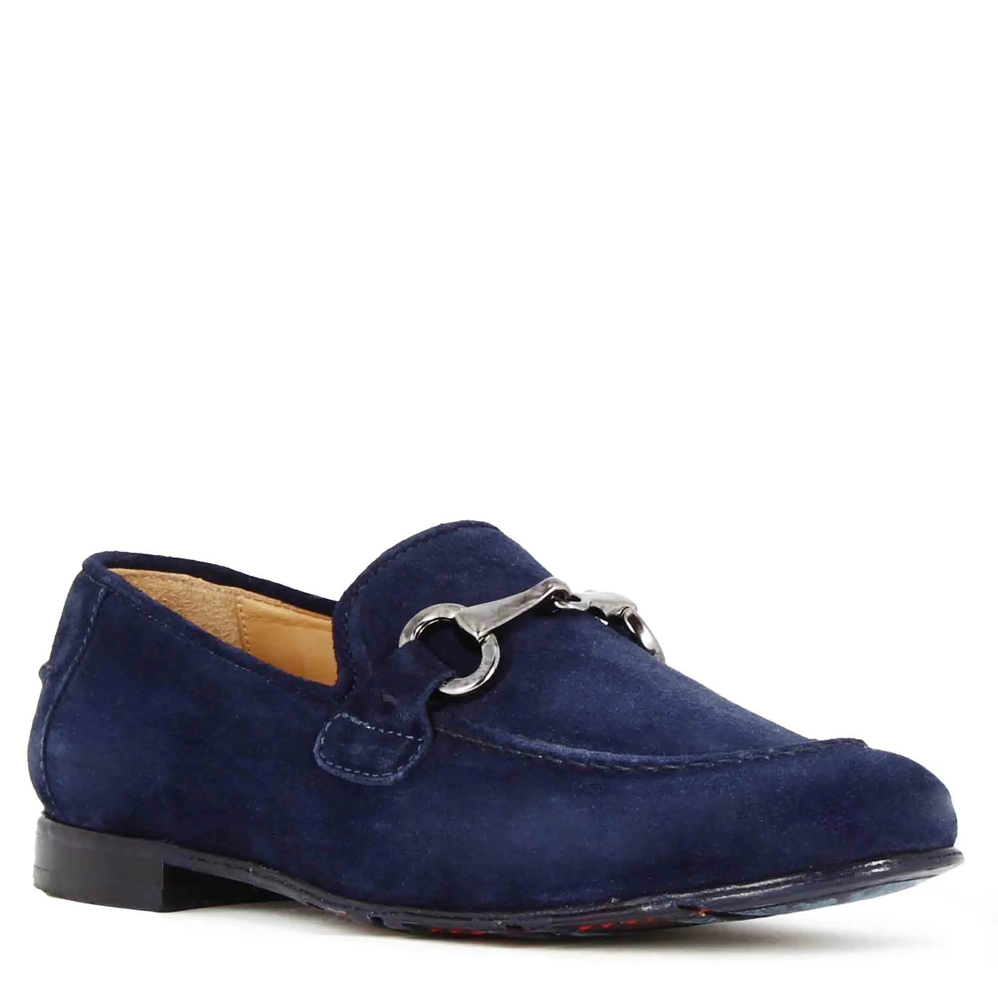 Mocassino da uomo in camoscio colore blu con morsetto colore argento